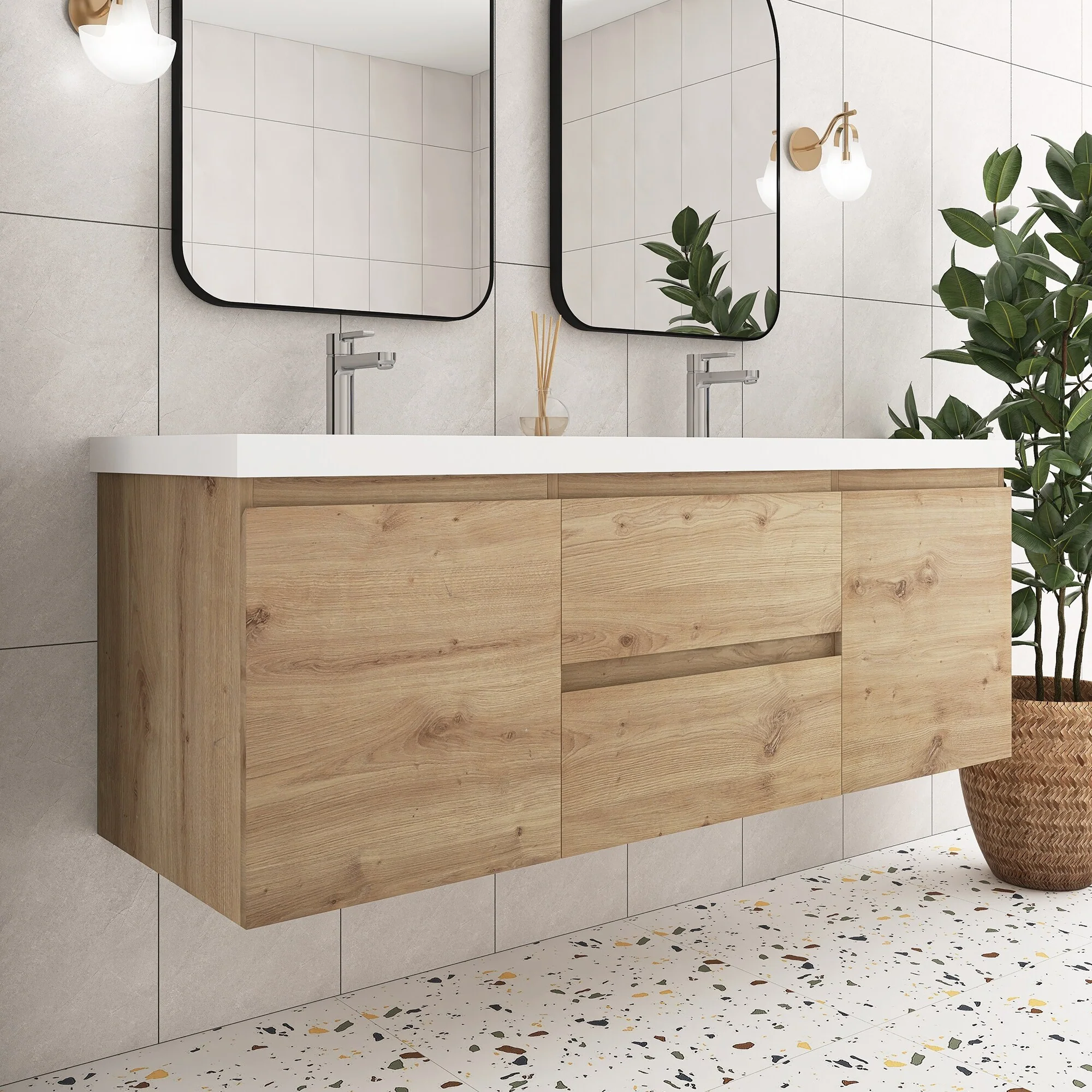 Angela Wall Mounted Bathroom Vanity in F. Oak with White Cultured Marble Top