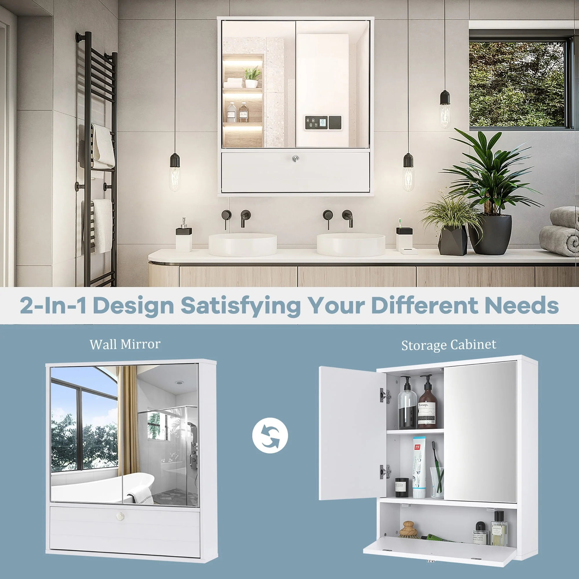Wall Mounted Mirror Door Cabinet Bathroom Cabinet Adjustable Shelf
