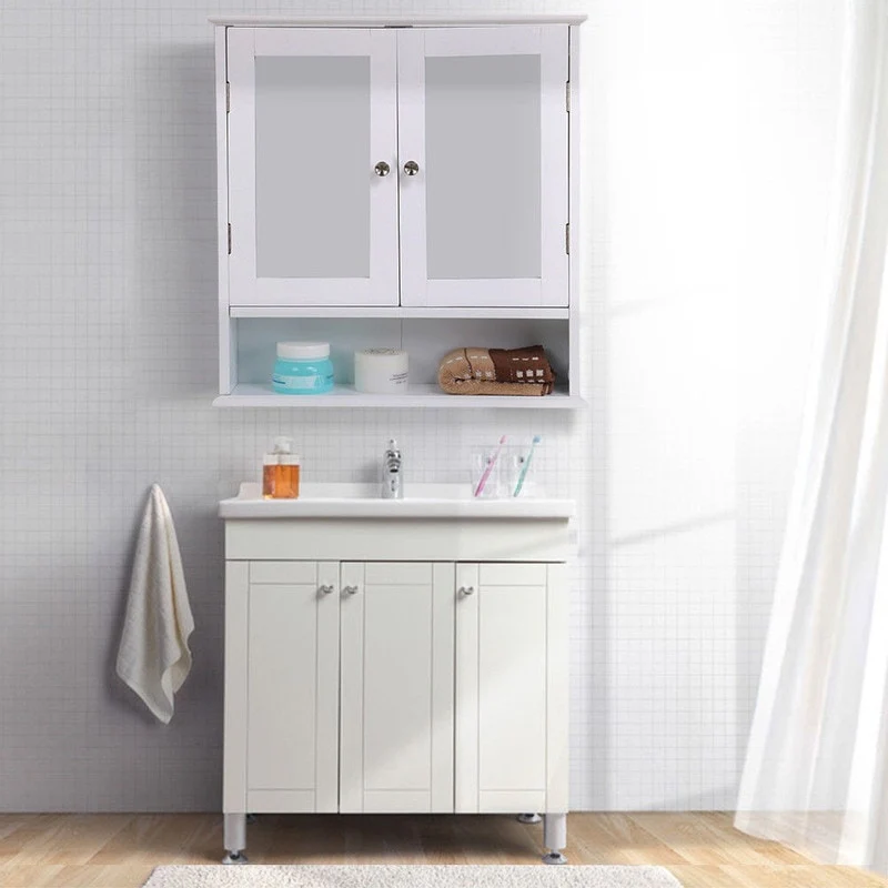 Double Door Mirror Indoor Bathroom Wall Mounted Cabinet Shelf White