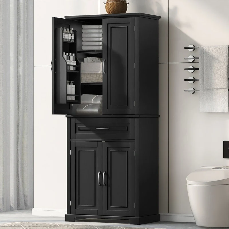 Bathroom Floor Cabinet, Freestanding Storage Cabinet with Doors and Drawer, Kitchen Cupboard with Adjustable Shelf