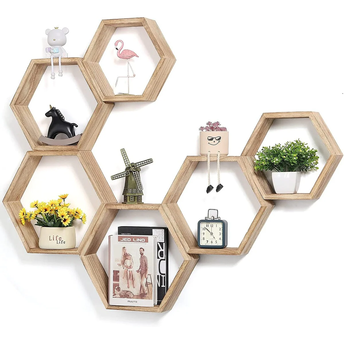Set of 6 Wooden Hexagon Rustic Floating Shelves in Deep Natural Wood
