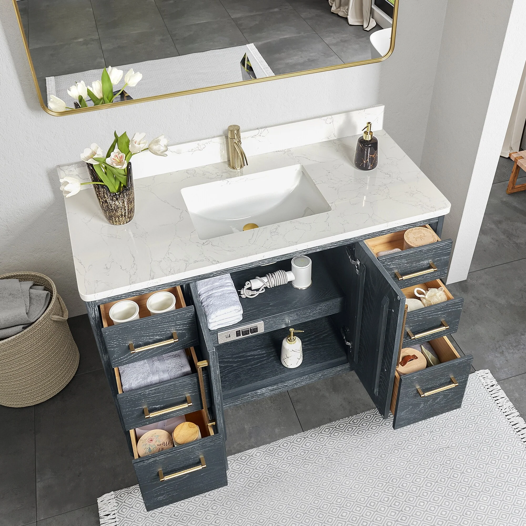 Gara Single Bath Vanity with Composite Stone Top and Mirror