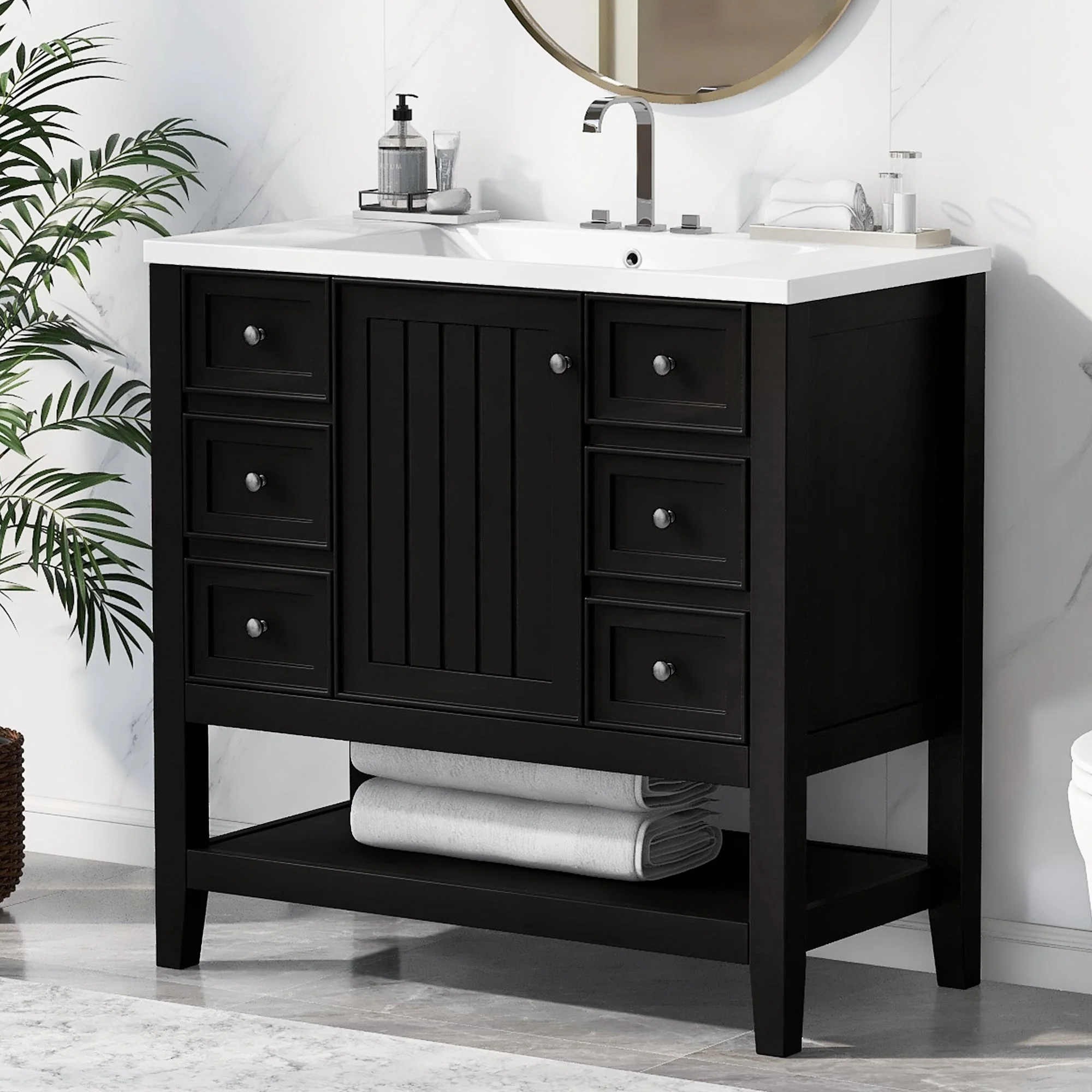 36 Inch Freestanding Bathroom Vanity Set with Drawers and Ceramic Sink