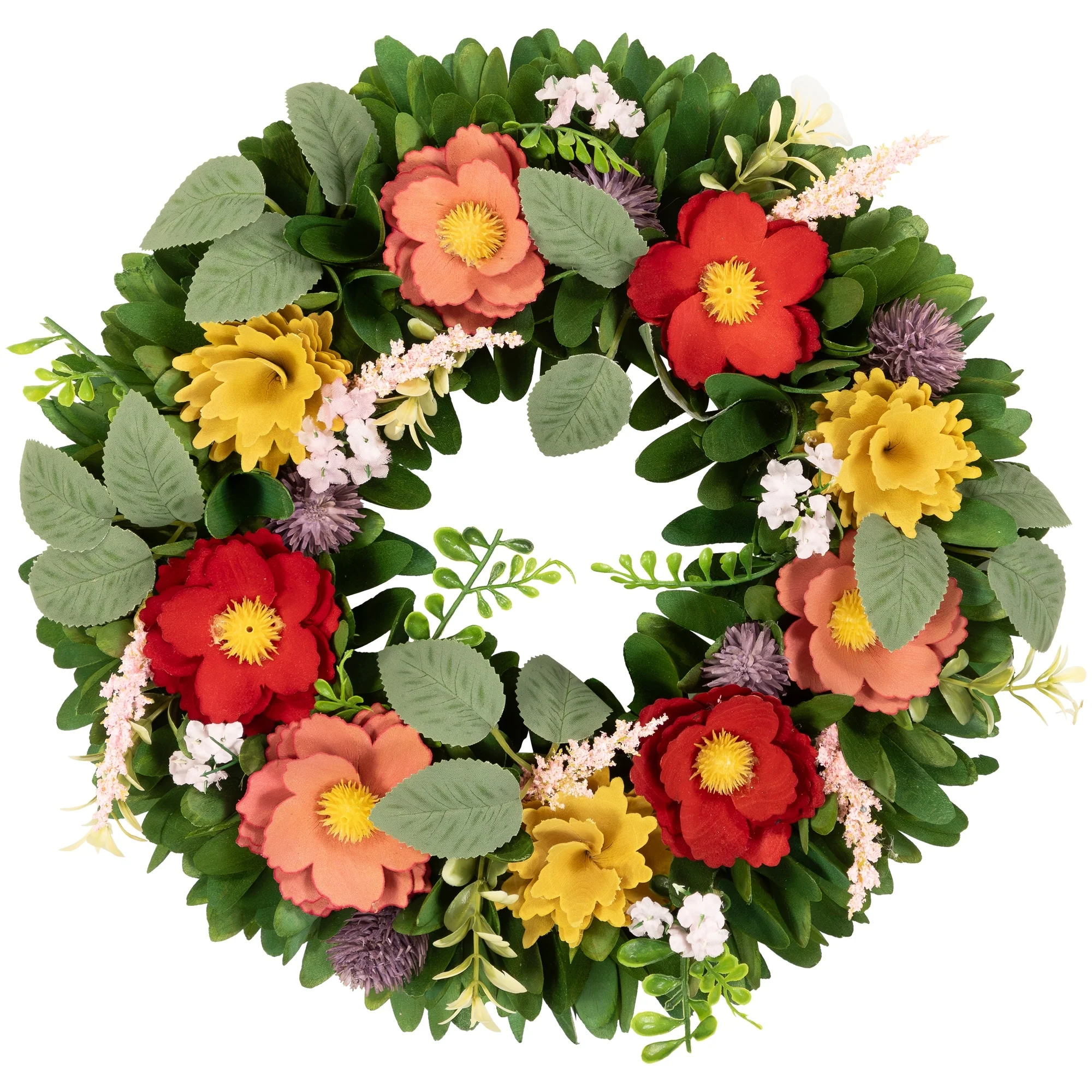 Wooden Mixed Floral and Foliage Artificial Spring Wreath - 13.75