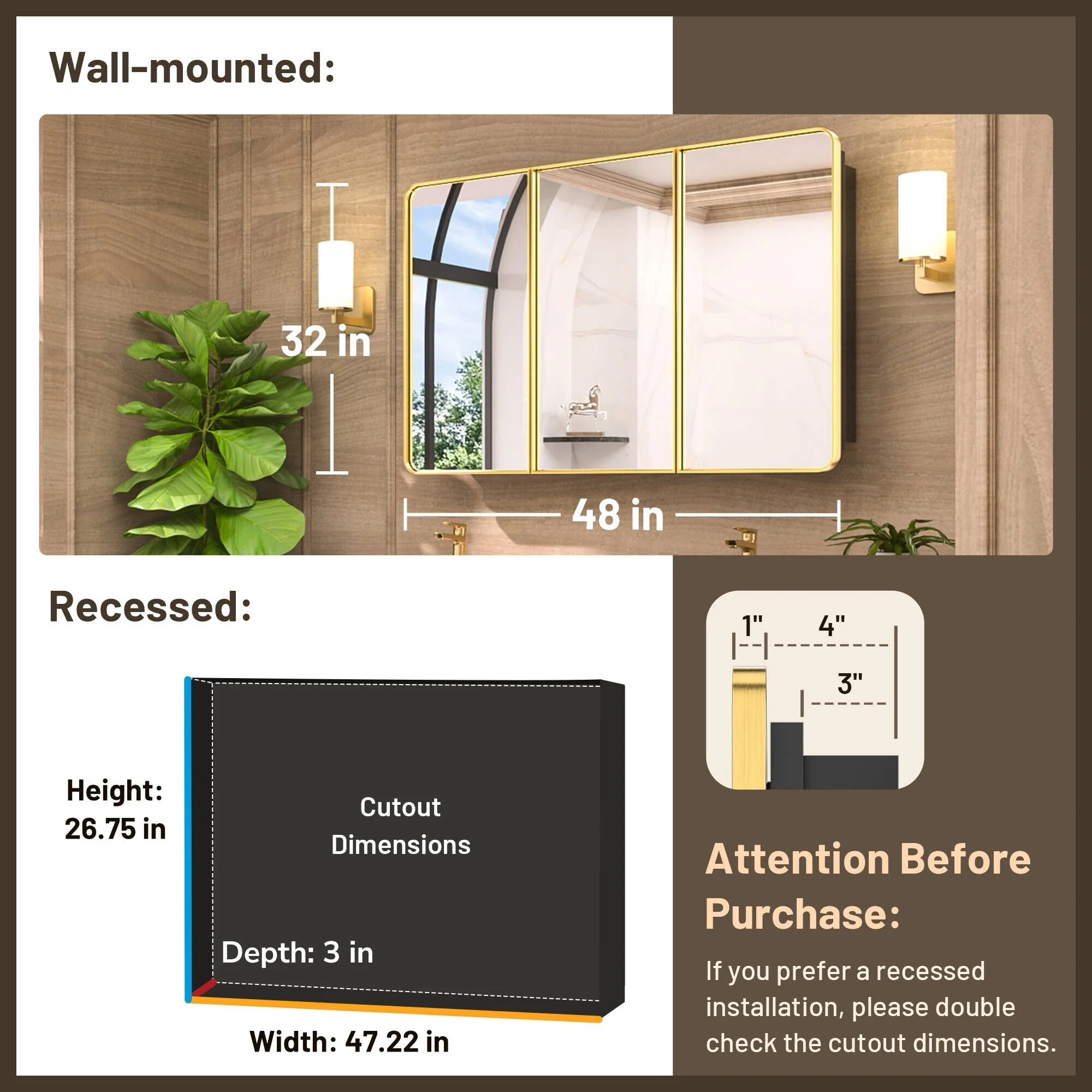 KEONJINN Medicine Cabinets for Bathroom with Mirror, Stainless Steel 1-3 Framed Doors