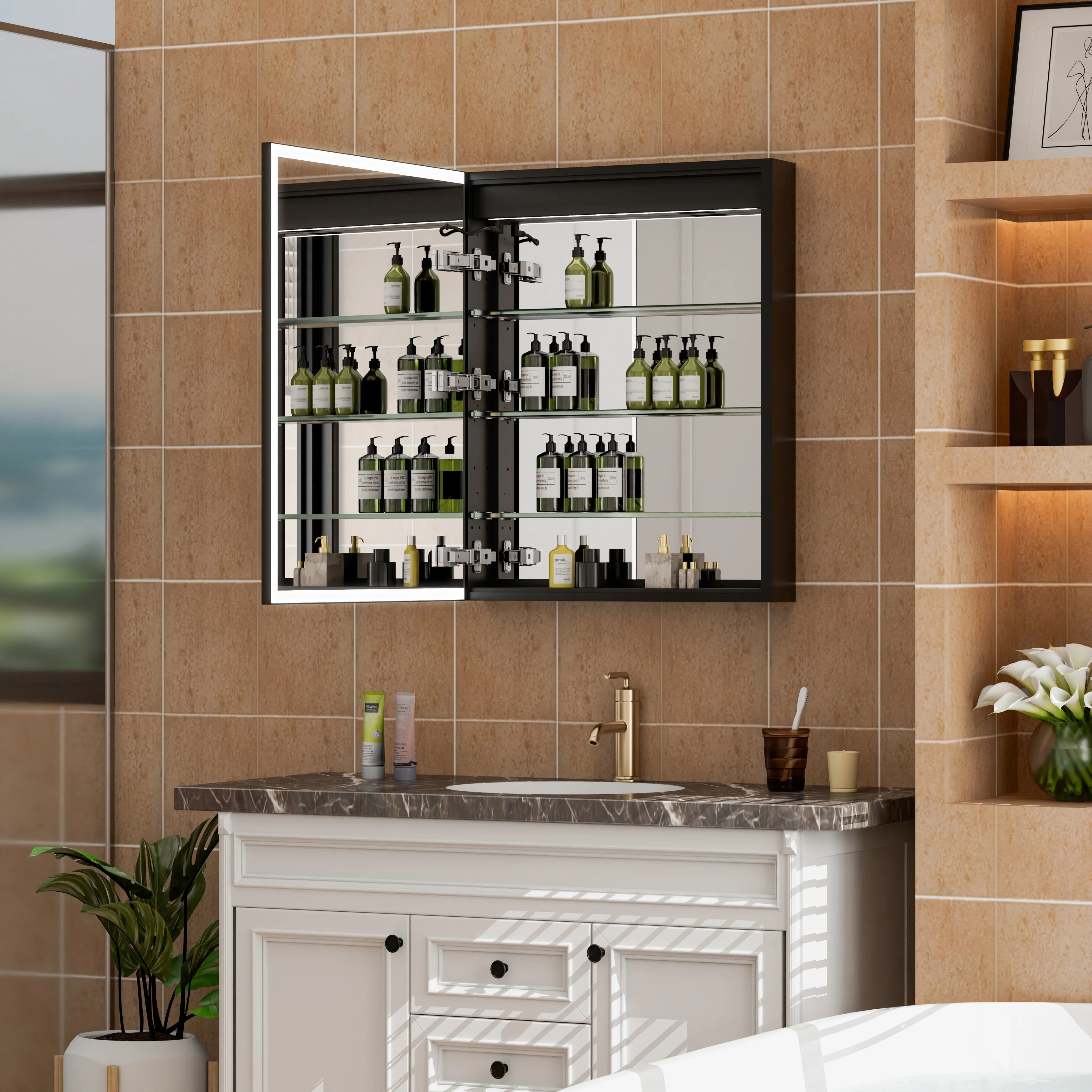 30'' H Recessed Or Surface Wall Mounted LED Mirror Cabinet With Mirror And Adjustable Shelves,Black Frame