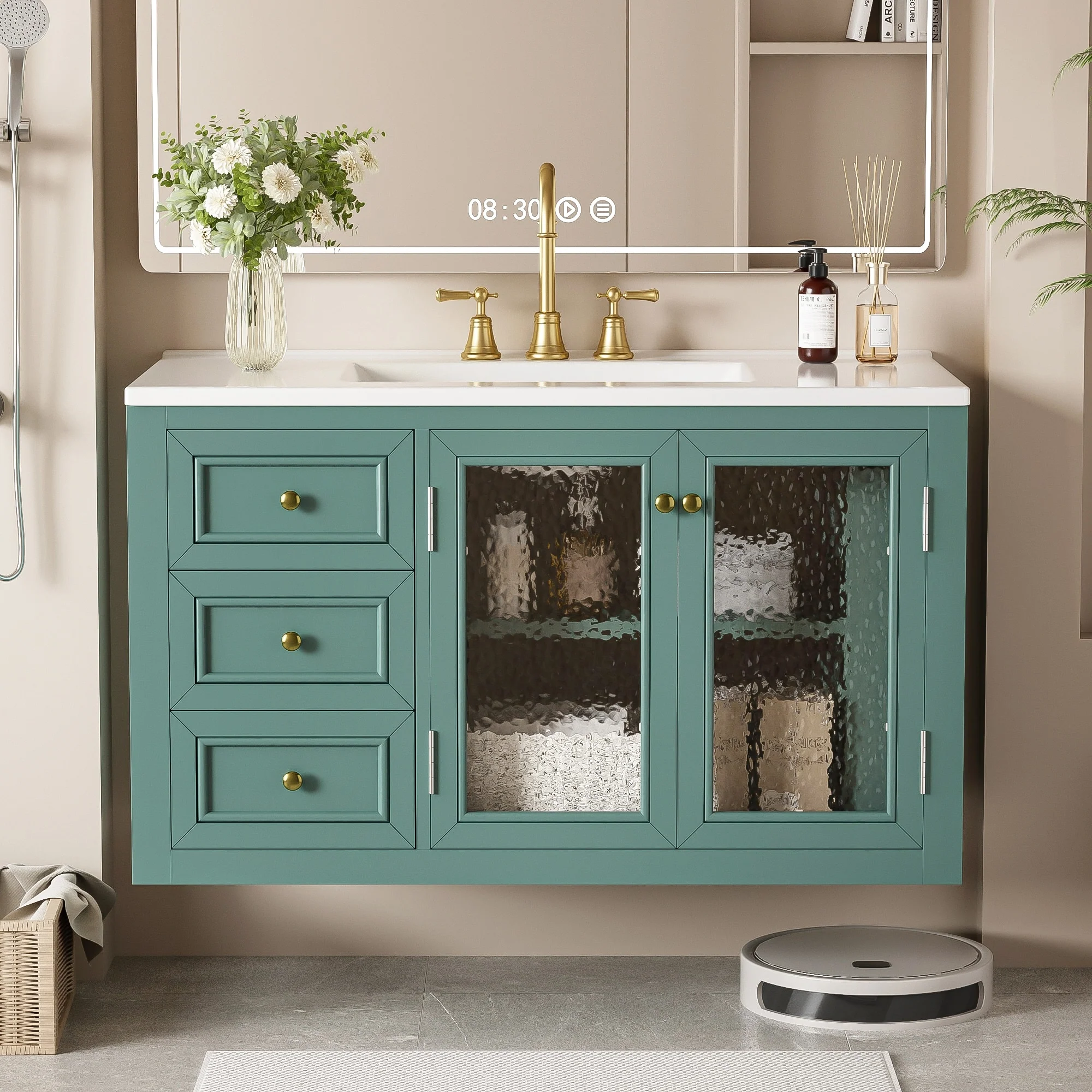GDFStudio 36'' Wall Mounted Bathroom Vanity with Ceramic Sink, Floating Bathroom Storage Cabinet with 3 Drawers