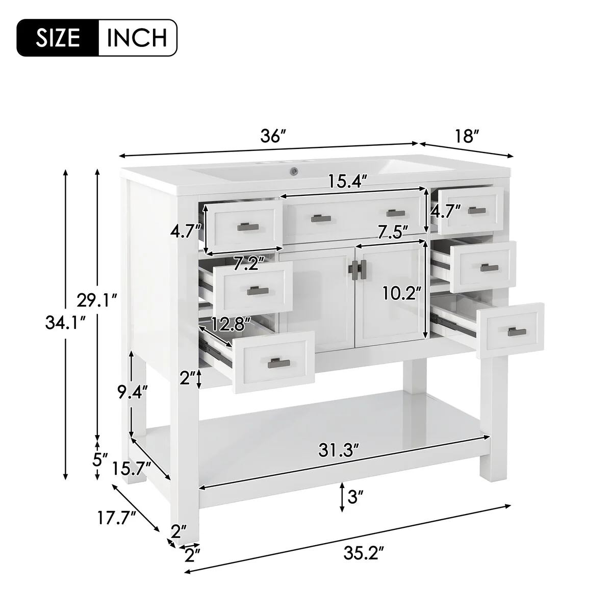 36'' Bathroom Vanity Modern Bathroom Storage Cabinet with 6 Drawers
