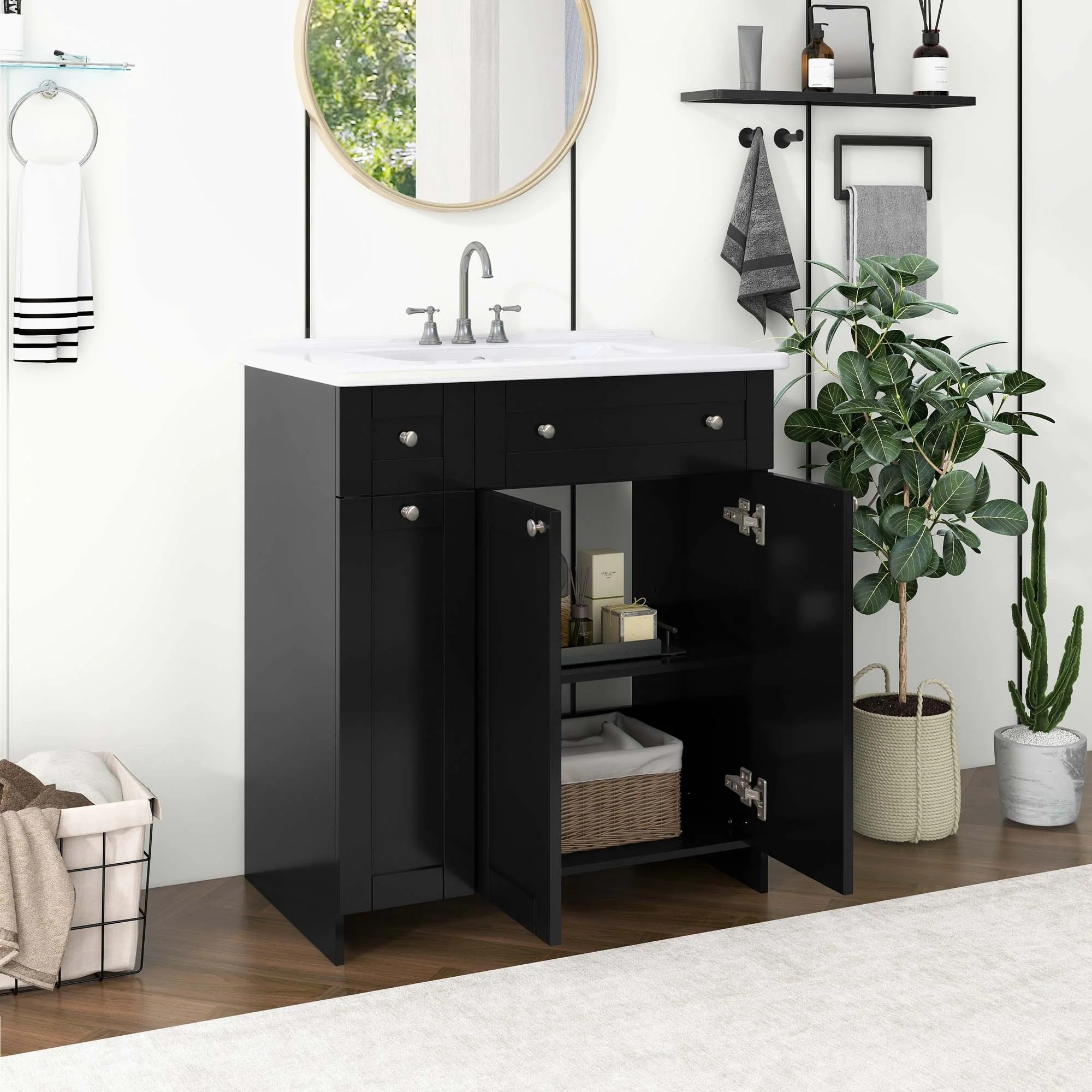 30-Inch Black Bathroom Vanity with Ceramic Sink