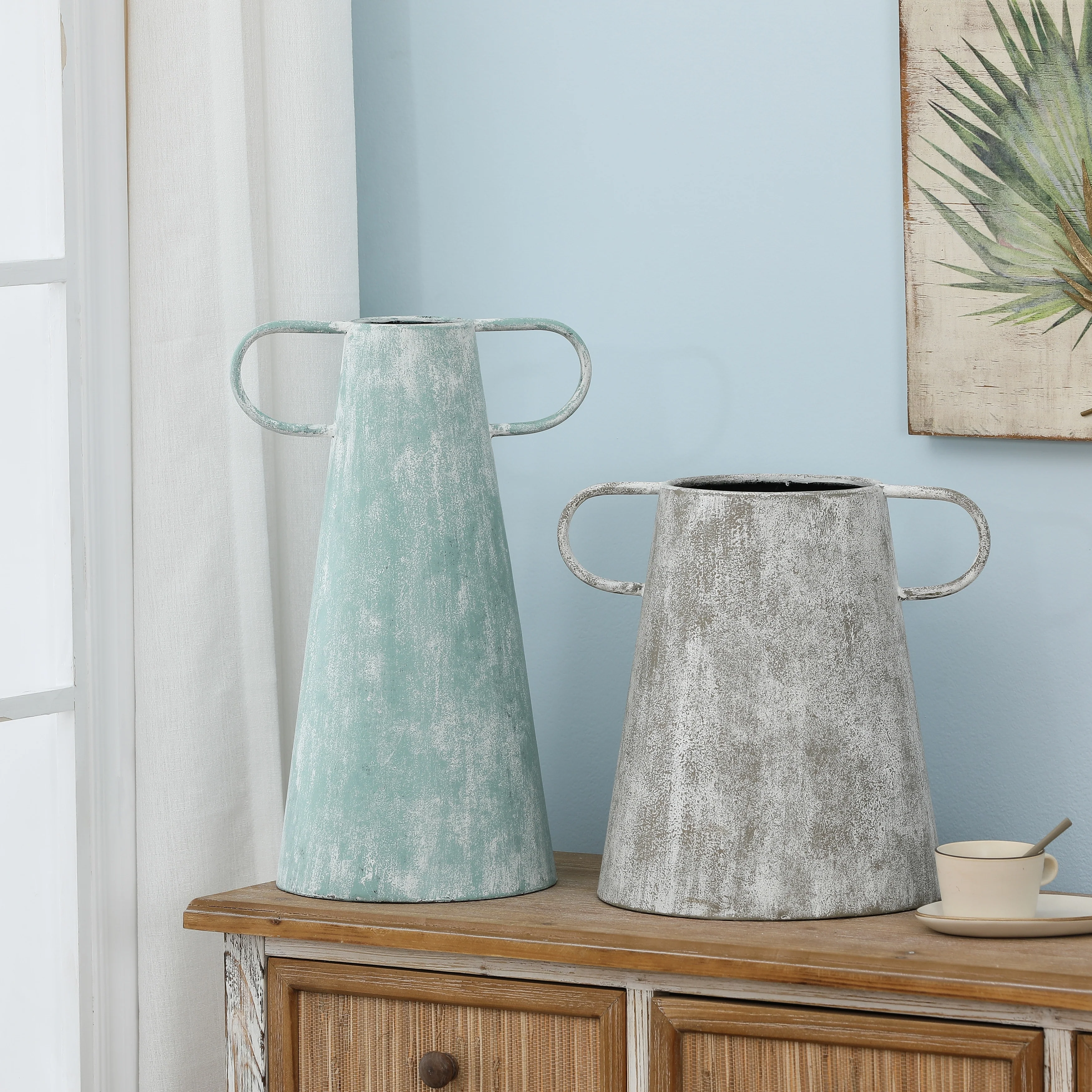 Farmhouse Blue and Grey Metal Vases (Set of 2)