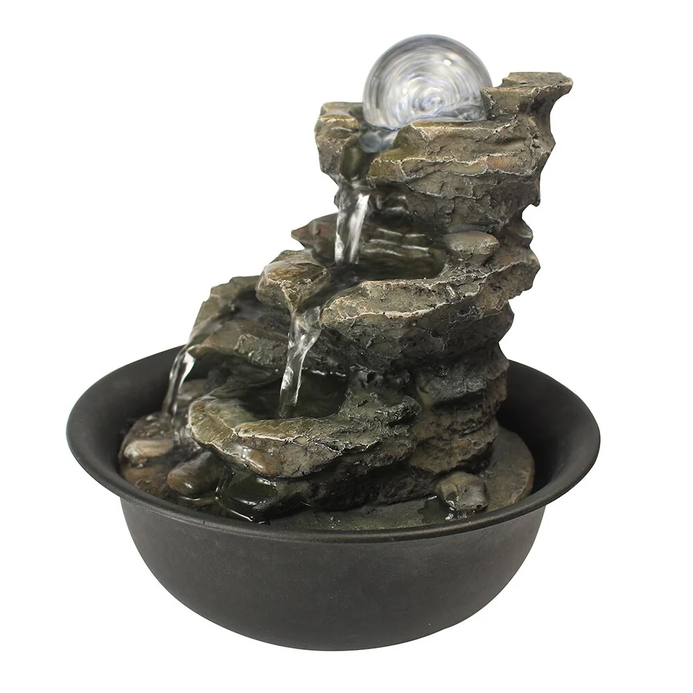 8.3-inch H 4-Tier Cascading Rock Falls Tabletop Water Fountain w/Light