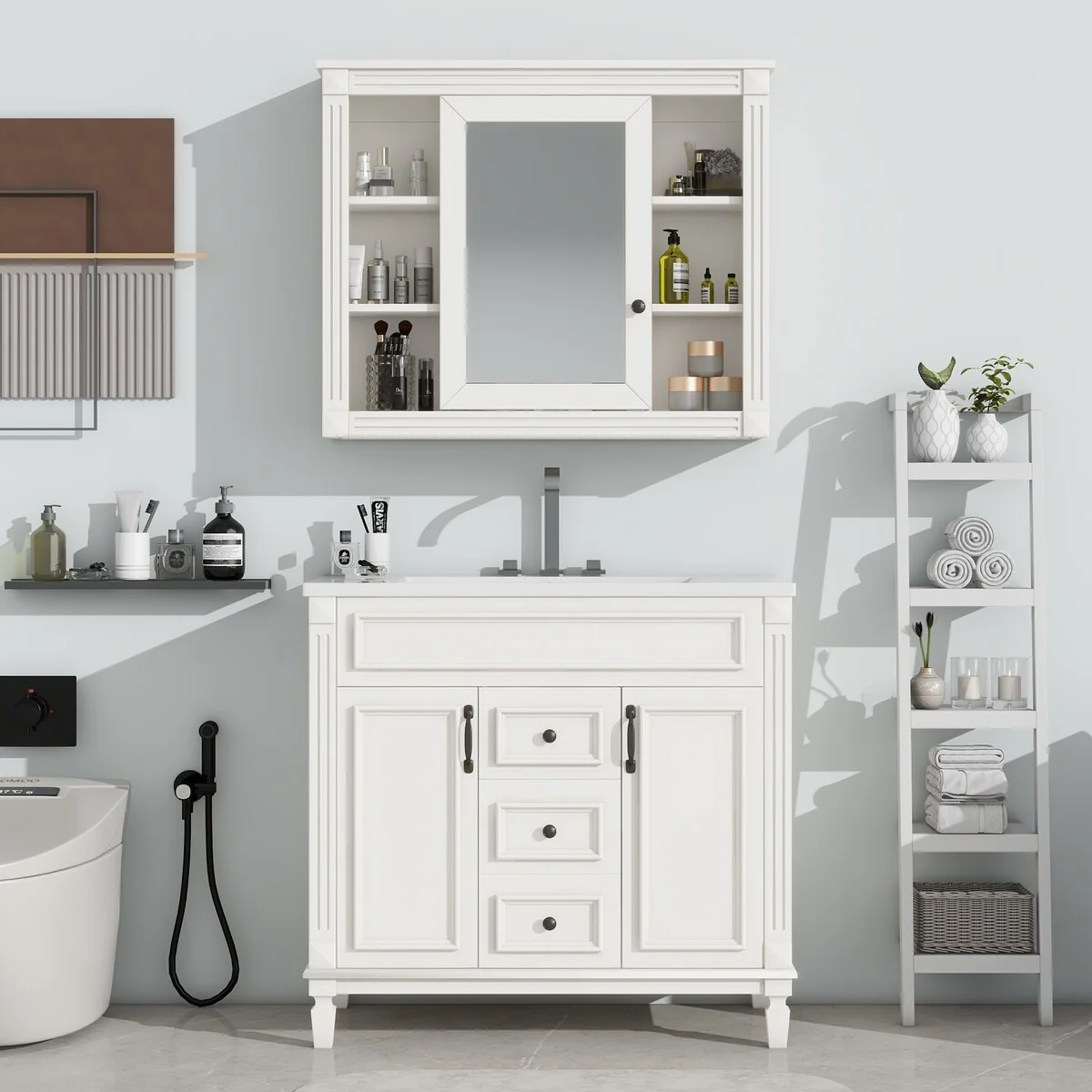 36 in. W x 18 in. D x 34 in. H Freestanding Bath Vanity with White Resin Top and Mirror Cabinet