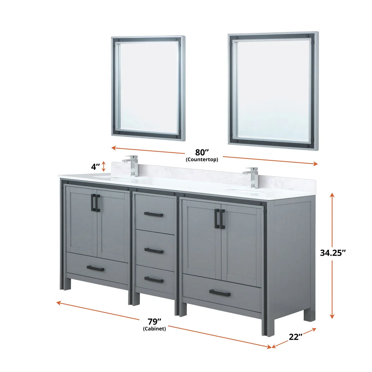 Ziva 80 in W x 22 in D White Double Bath Vanity, White Quartz Top, Faucet Set and 30 in Mirrors