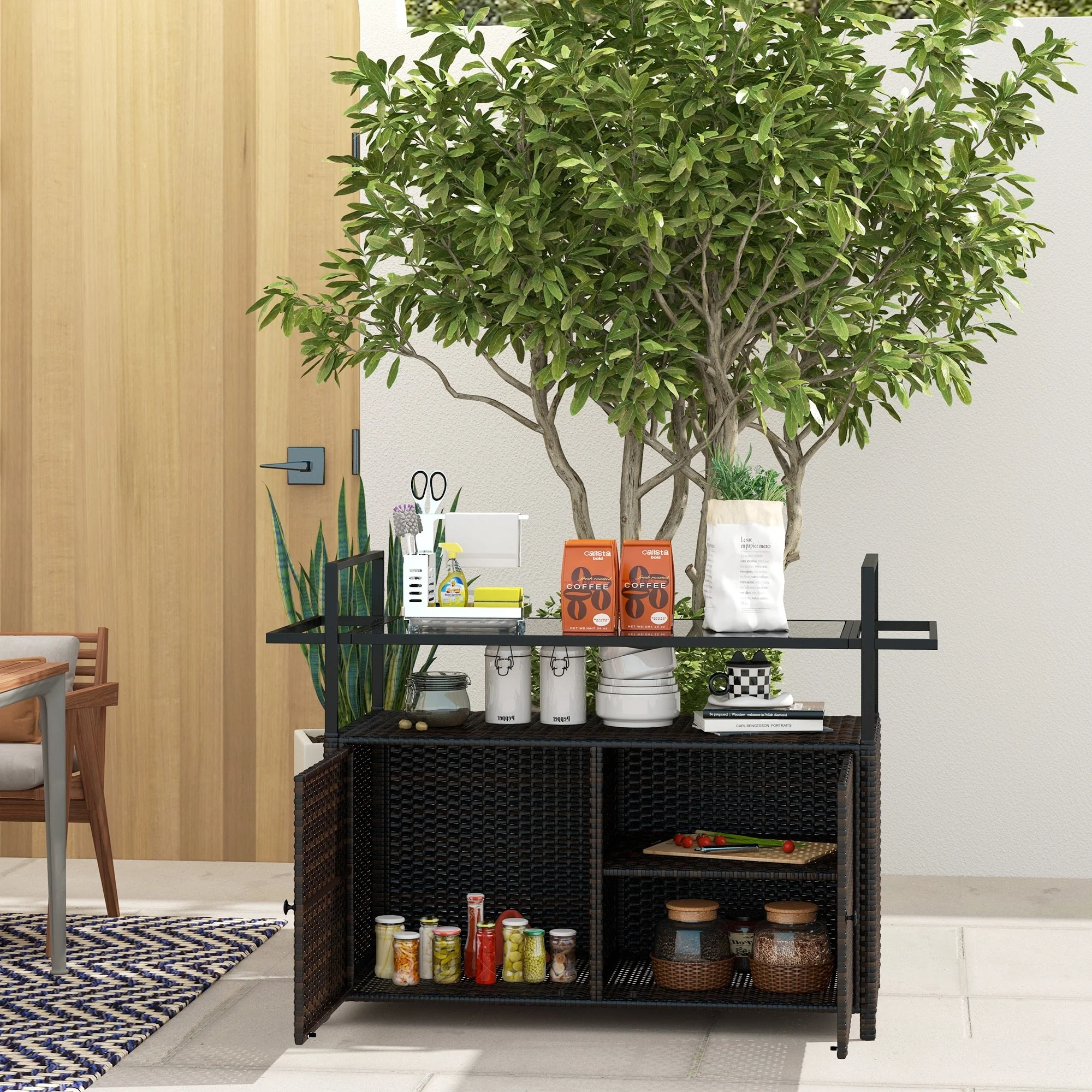 Outsunny PE Rattan Outdoor Bar Table, Outdoor Kitchen Island with 2-Tier Shelf & Cabinet, Patio Serving Cart