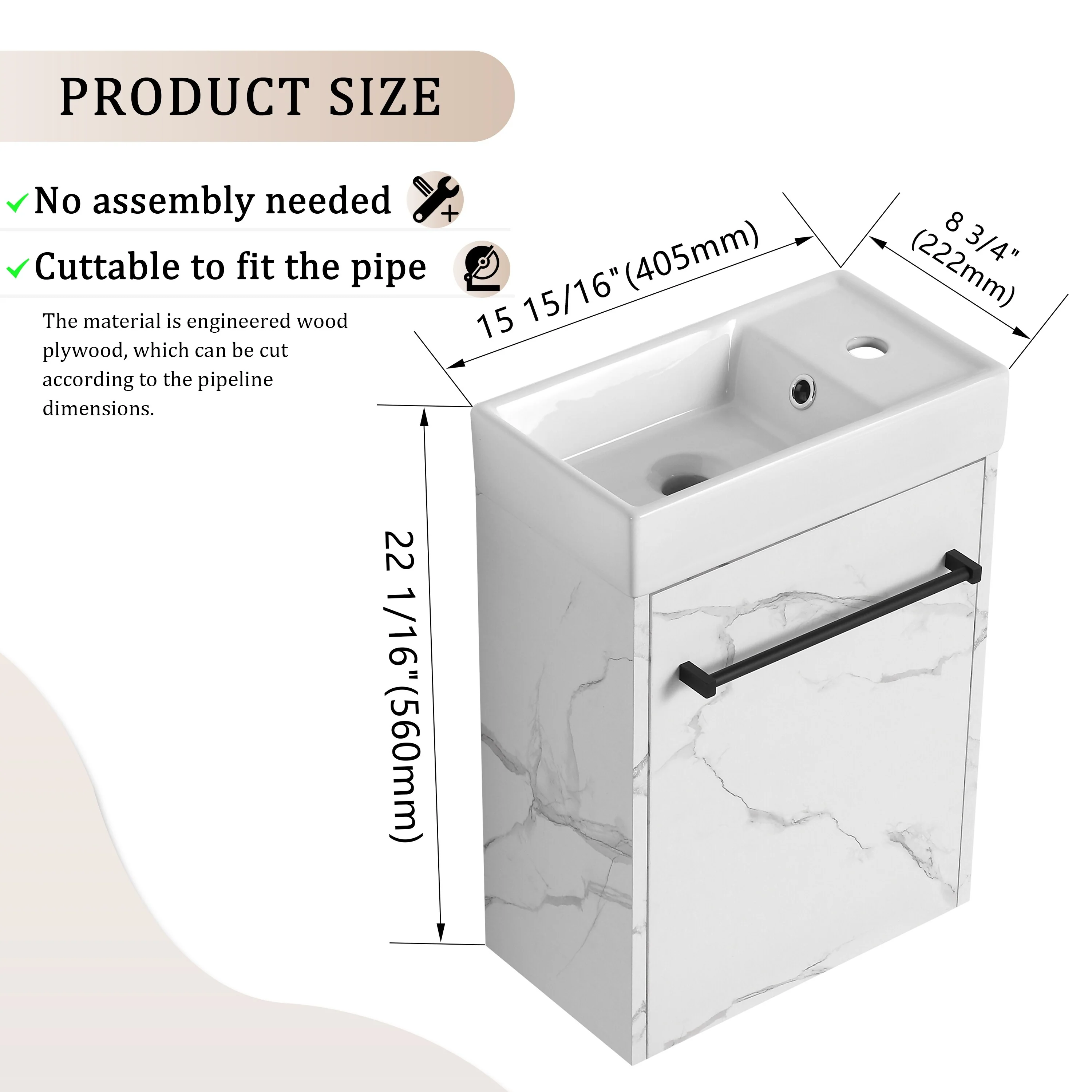 Bathroom Vanity With Sink In 16/18 Inch, Floating Bathroom Vanity With Soft Close Door