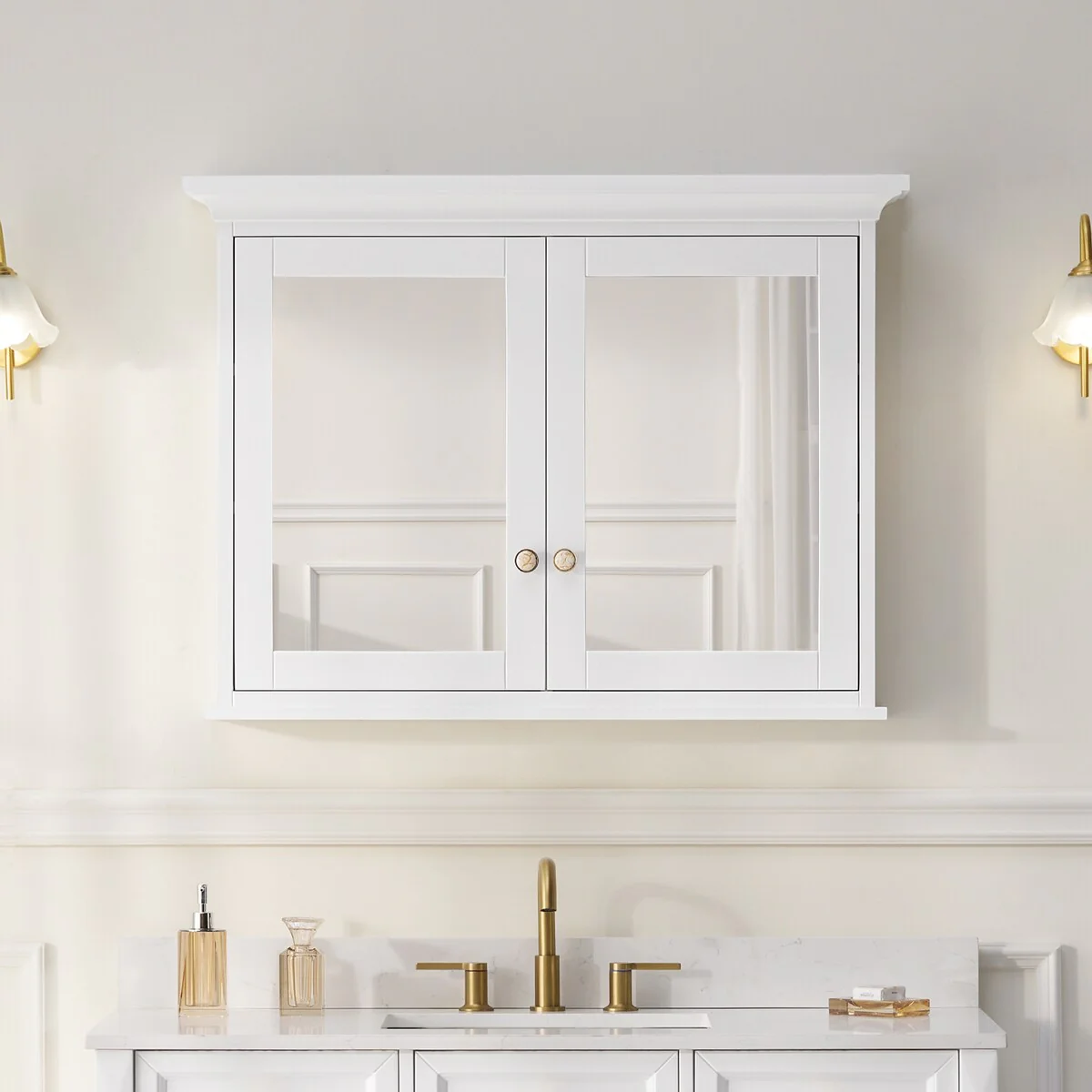 30''H Surface Mount Solid Wood Framed Medicine Cabinet With Mirror And Wooden Shelves