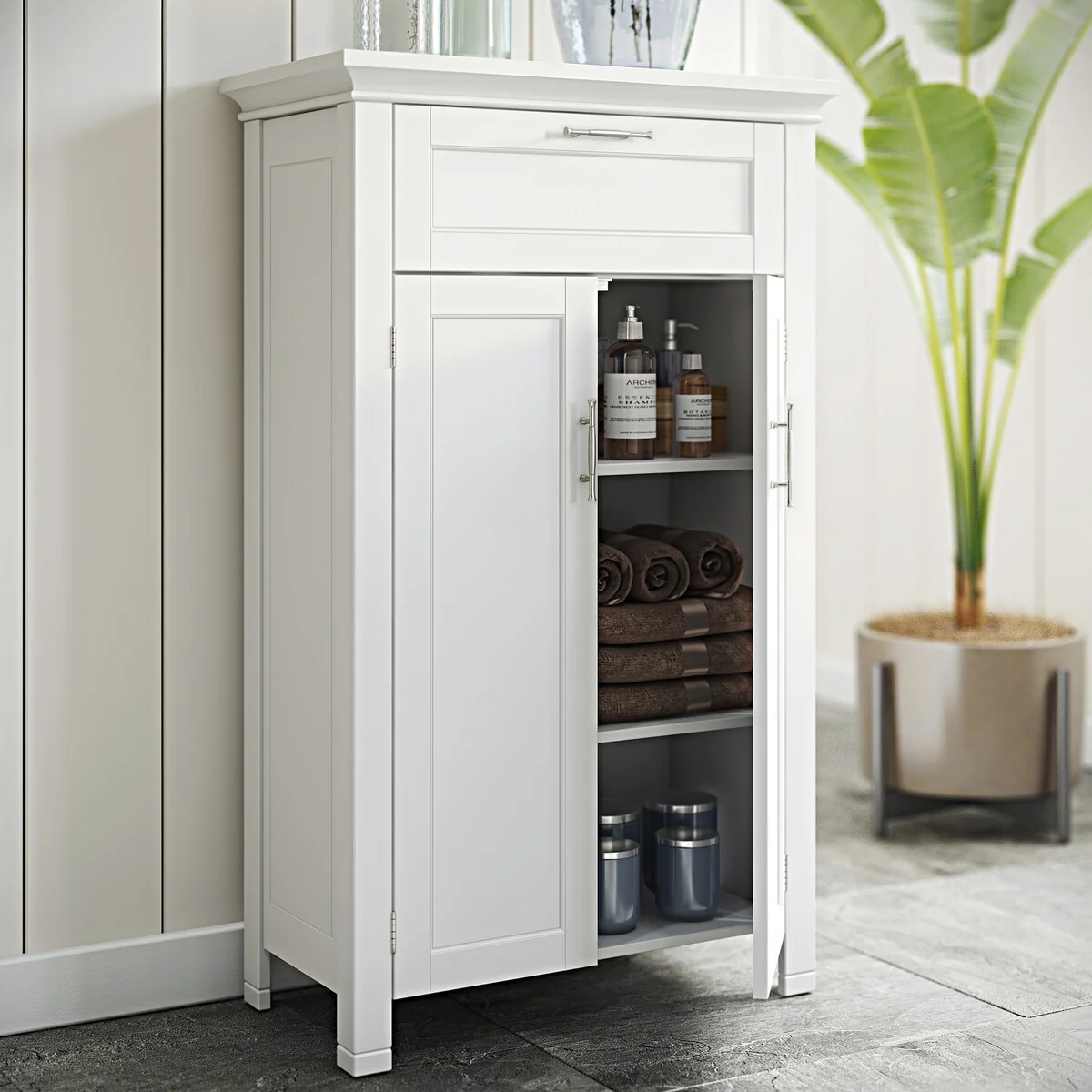 RiverRidge Somerset Two-Door Bathroom and Laundry Storage Cabinet with Drawer and Adjustable Shelf - White - N/A