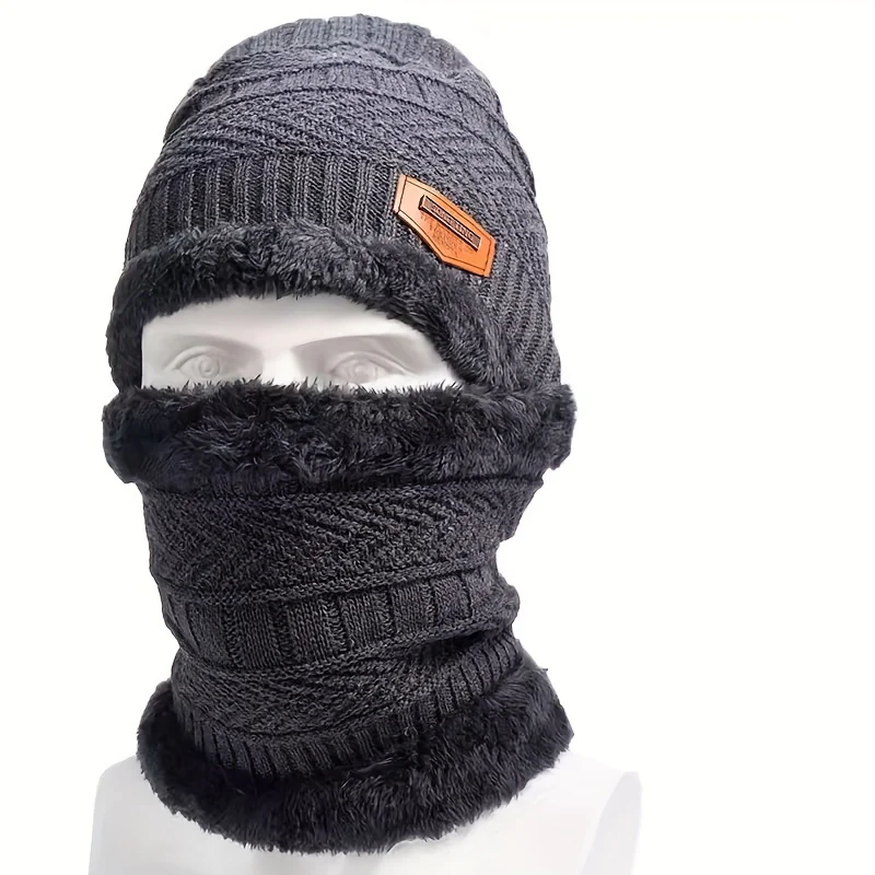 Winter Fleece-Lined Knitted Beanie and Scarf Set - Unisex Polyester Skull Cap with Face Cover for Outdoor Skiing, Casual Style Full Face Warmer with Knitted Weave - Multipurpose Thermal Hat and Neck Gaiter Combo