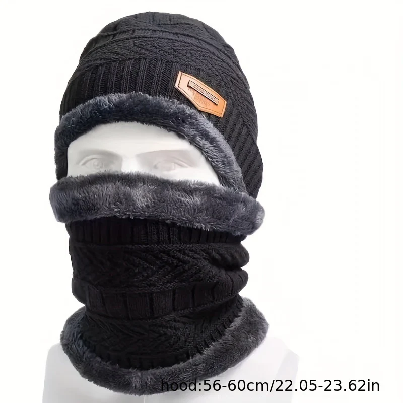 Winter Fleece-Lined Knitted Beanie and Scarf Set - Unisex Polyester Skull Cap with Face Cover for Outdoor Skiing, Casual Style Full Face Warmer with Knitted Weave - Multipurpose Thermal Hat and Neck Gaiter Combo