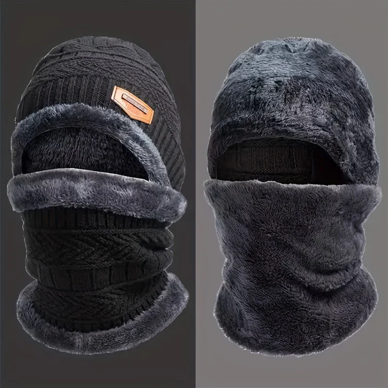 Winter Fleece-Lined Knitted Beanie and Scarf Set - Unisex Polyester Skull Cap with Face Cover for Outdoor Skiing, Casual Style Full Face Warmer with Knitted Weave - Multipurpose Thermal Hat and Neck Gaiter Combo