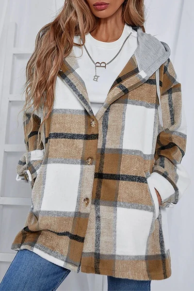 Casual Plaid Draw String Buckle Hooded Collar Outerwear(4 Colors) - Deanwangkt