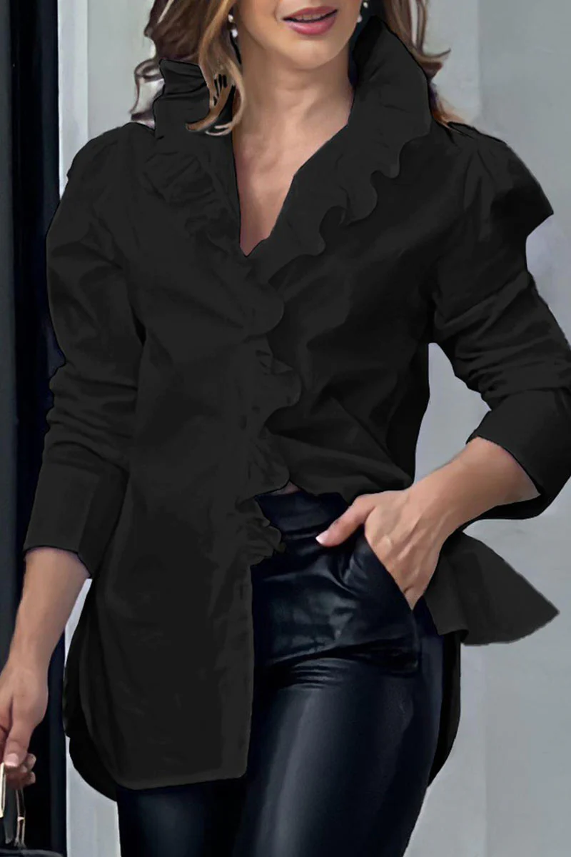 Casual Print Patchwork Buckle Flounce Turndown Collar Blouses(8 Colors) - Deanwangkt