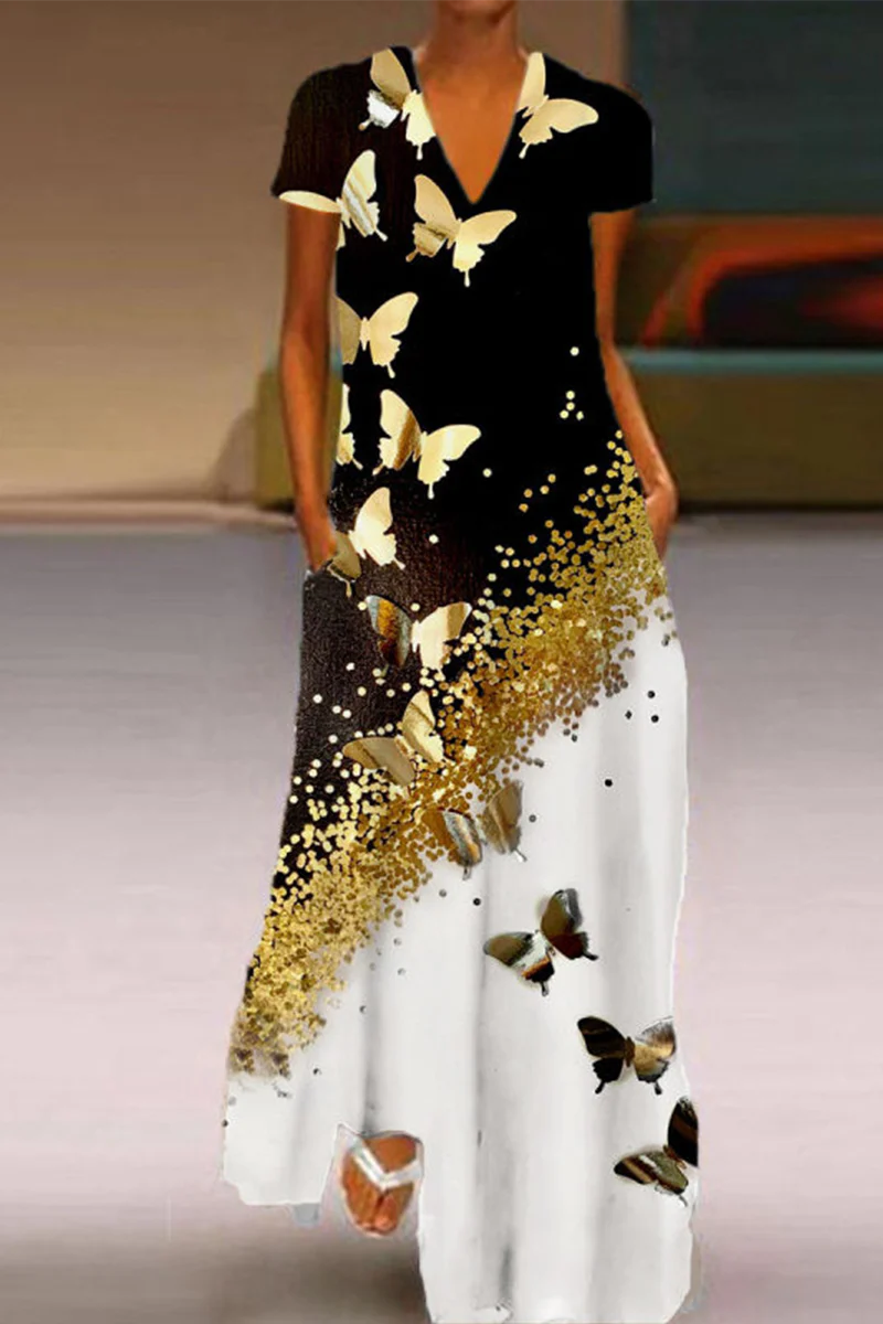 Casual Butterfly Print Patchwork V Neck Straight Dresses(5 colors) - Deanwangkt