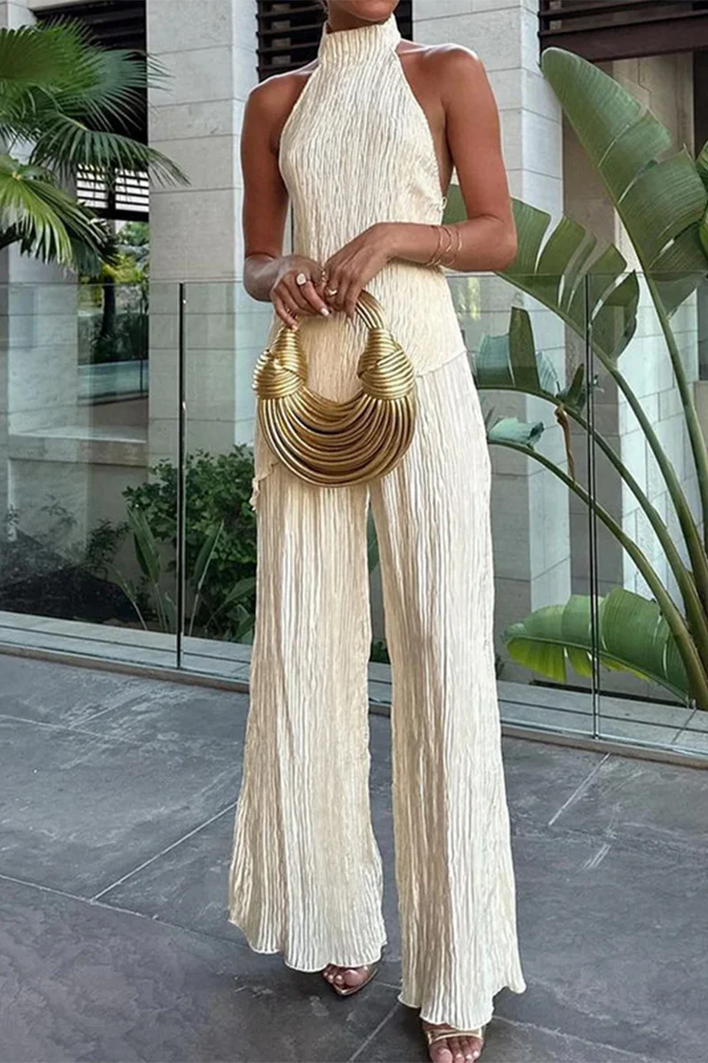 Casual Simplicity Solid Fold Asymmetrical Halter Sleeveless Two Pieces - Deanwangkt