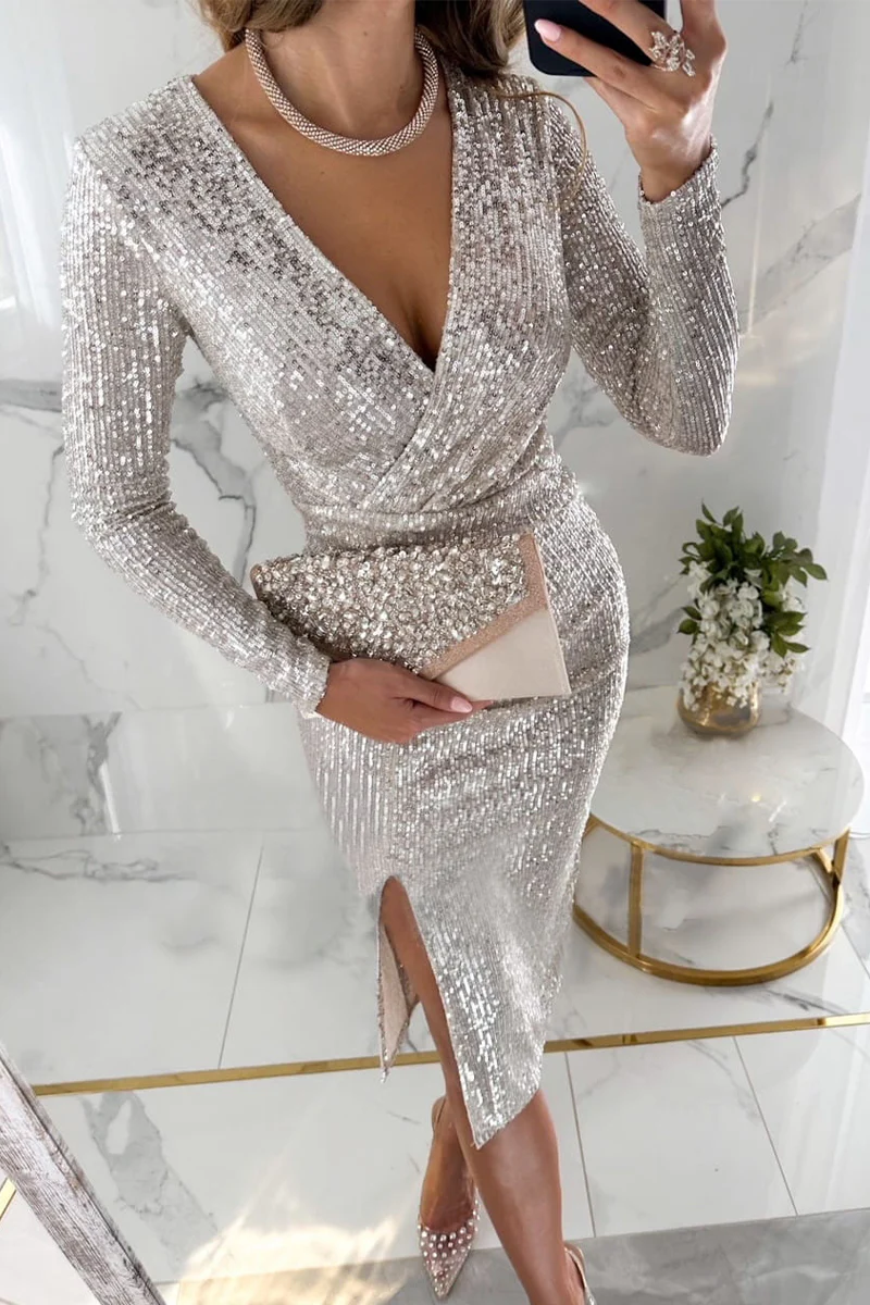 Sexy Solid Sequins Slit V Neck A Line Dresses(3 Colors) - Deanwangkt