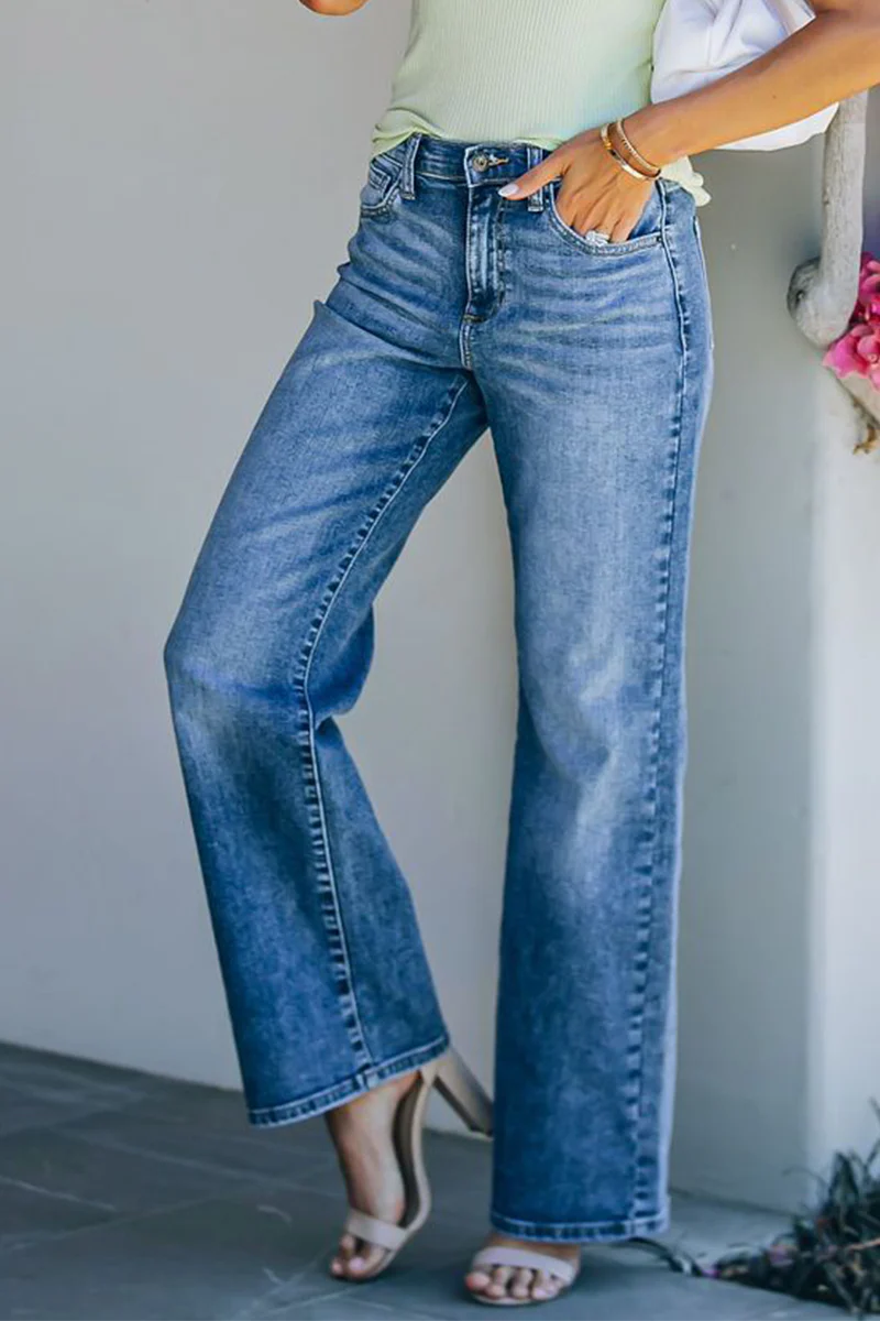 Fashion Elegant Solid Basic Straight Mid Waist Wide Leg Bottoms - Deanwangkt