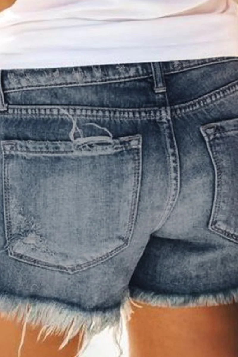 Casual Solid Ripped Mid Waist Straight Denim Shorts - Deanwangkt