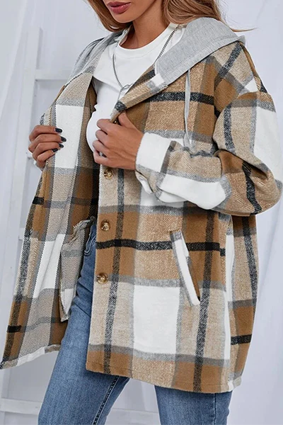 Casual Plaid Draw String Buckle Hooded Collar Outerwear(4 Colors) - Deanwangkt