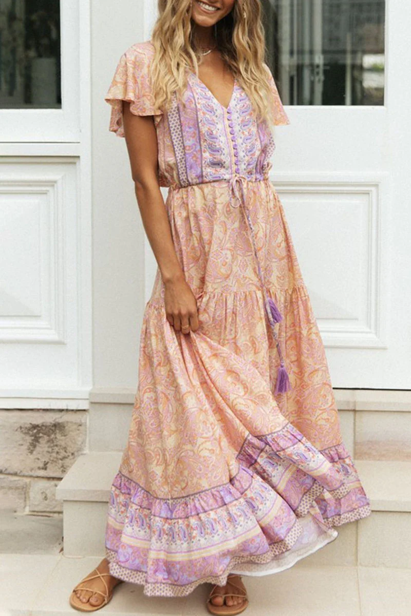 Fashion Vacation Print Patchwork V Neck Printed Dresses - Deanwangkt