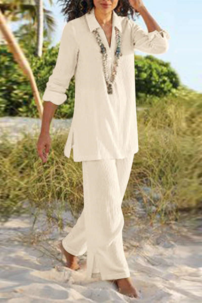 Casual Solid Slit V Neck Long Sleeve Two Pieces(4 Colors) - Deanwangkt