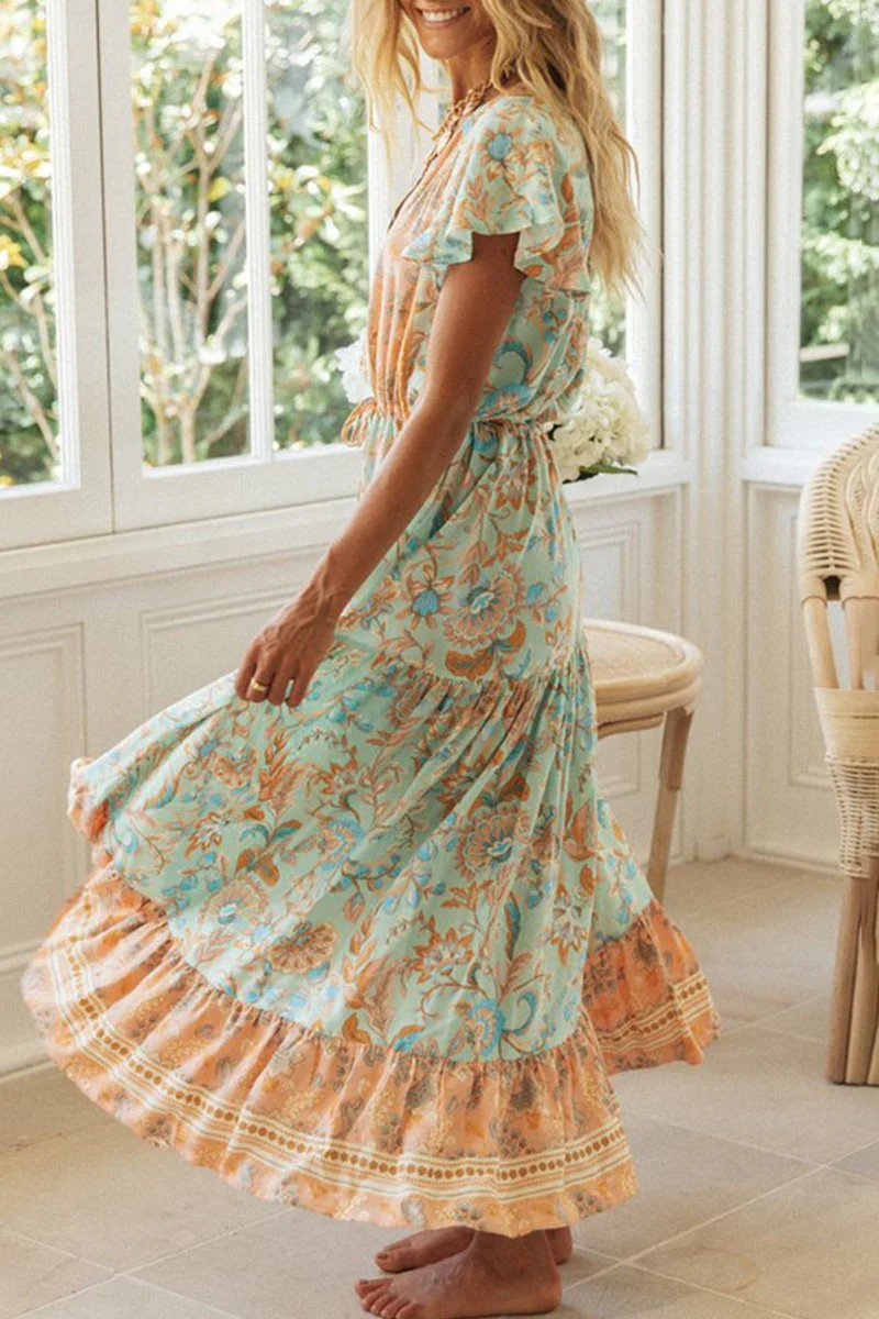 Fashion Vacation Print Patchwork V Neck Printed Dresses - Deanwangkt