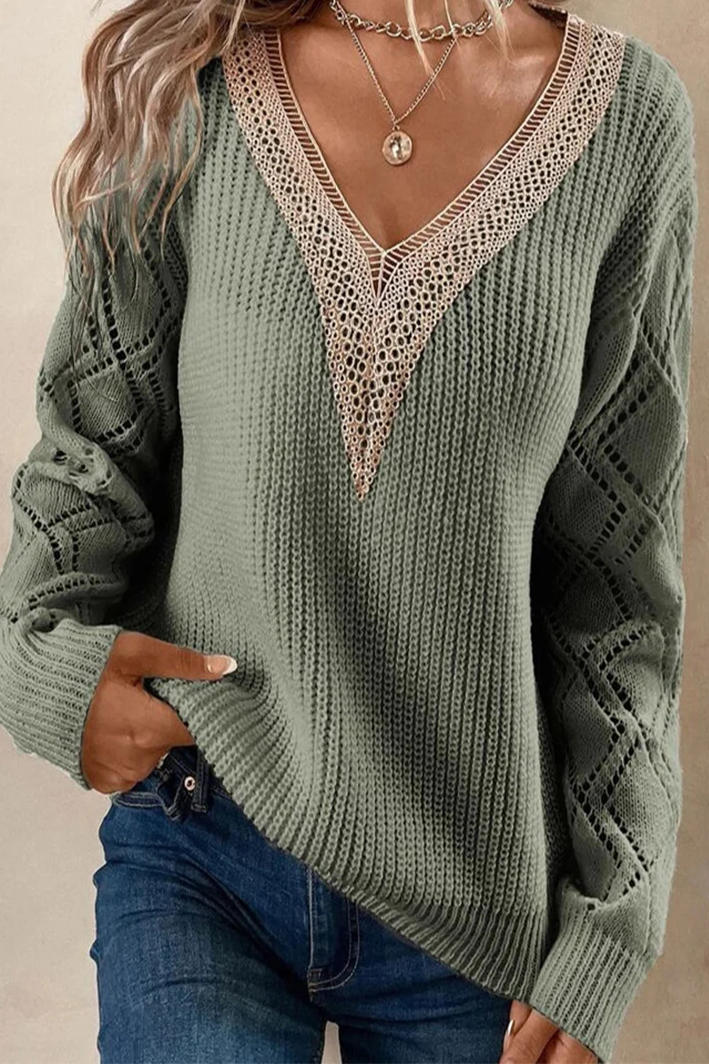 Casual Simplicity Solid Lace V Neck Sweaters - Deanwangkt