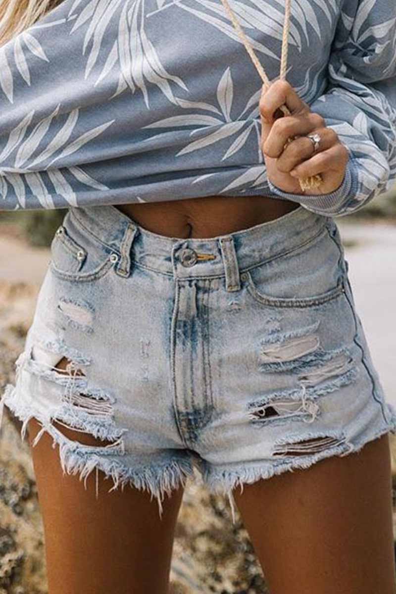 Florcoo High Waist Ripped Fringed Denim Shorts - Deanwangkt