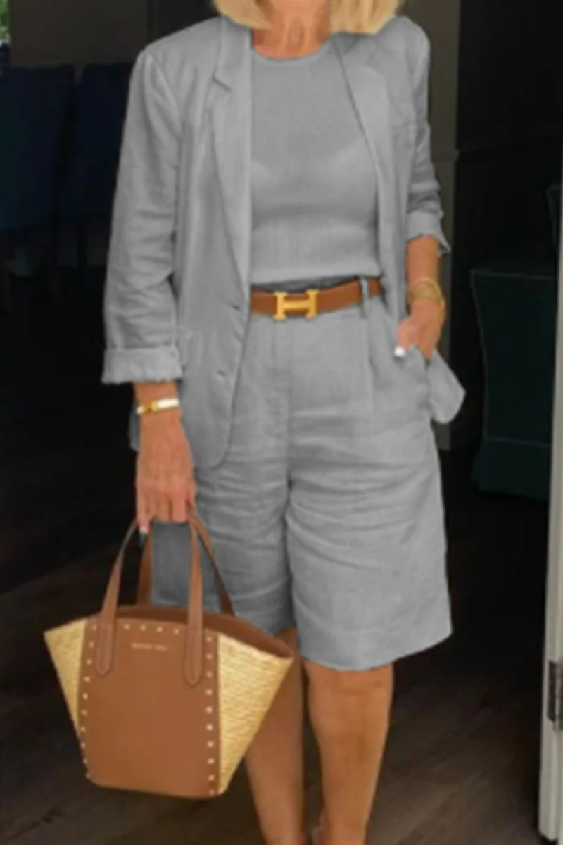 Casual Simplicity Solid Color Turn-back Collar Nine Points Sleeve Two Pieces(4 Colors) - Deanwangkt