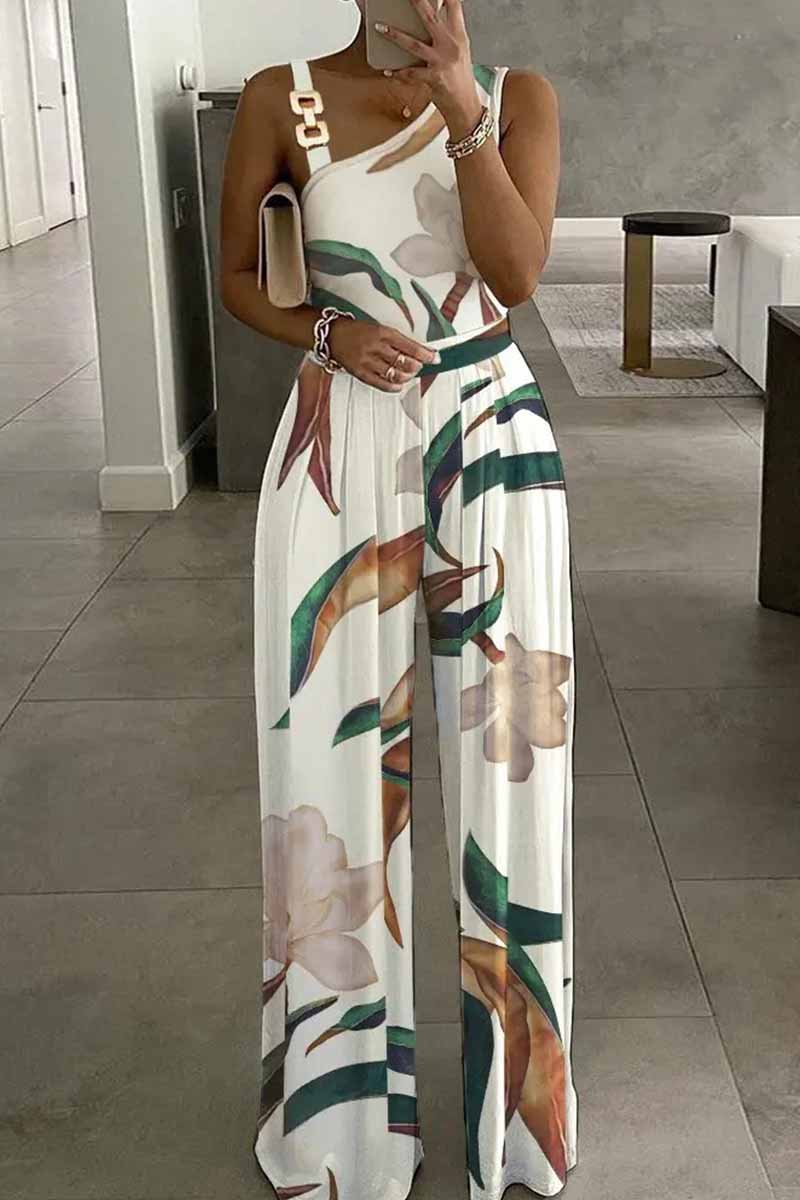 Casual Print Patchwork Asymmetrical Collar Jumpsuits - Deanwangkt