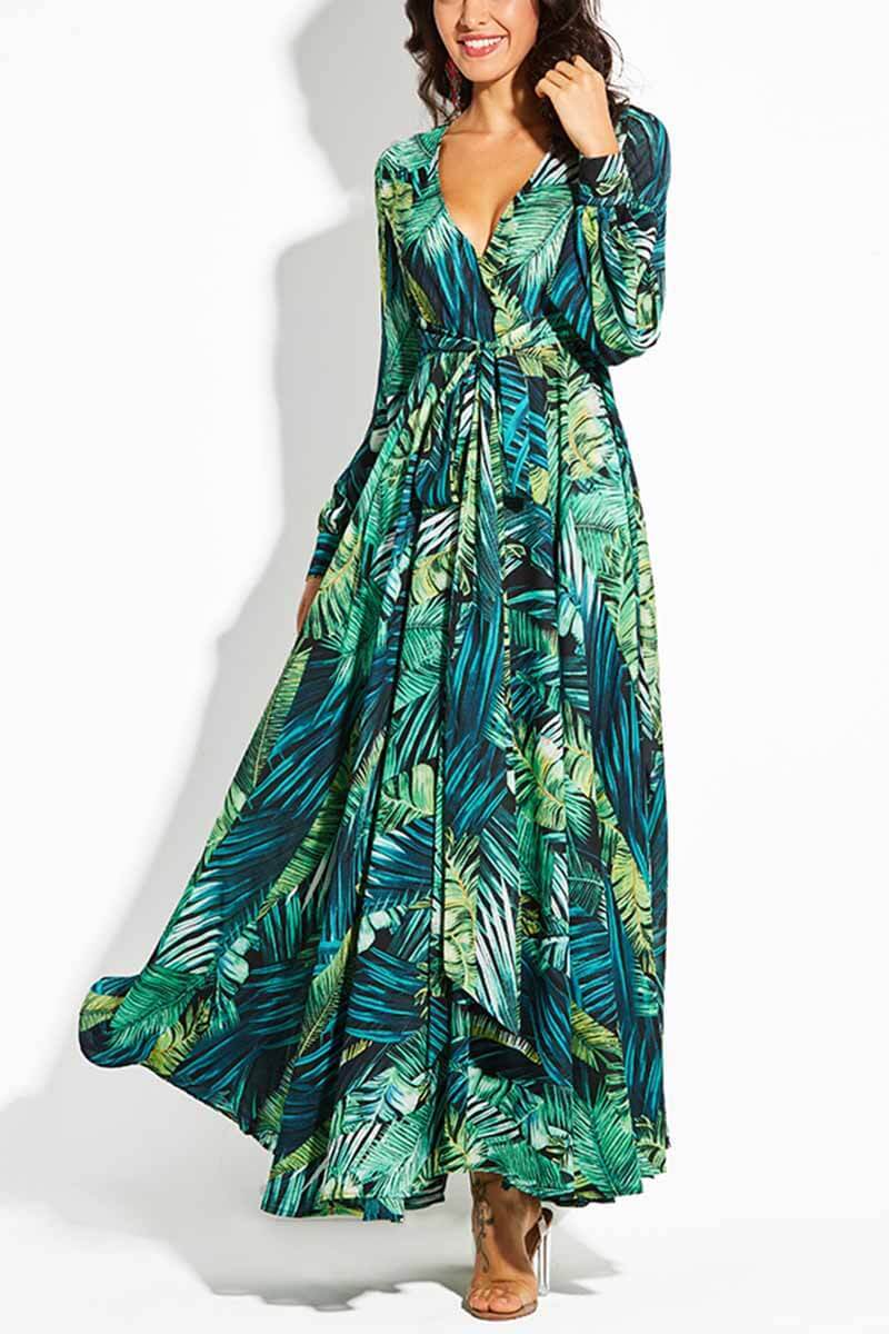 Florcoo V-Neck Leaf Print Maxi Dress - Deanwangkt