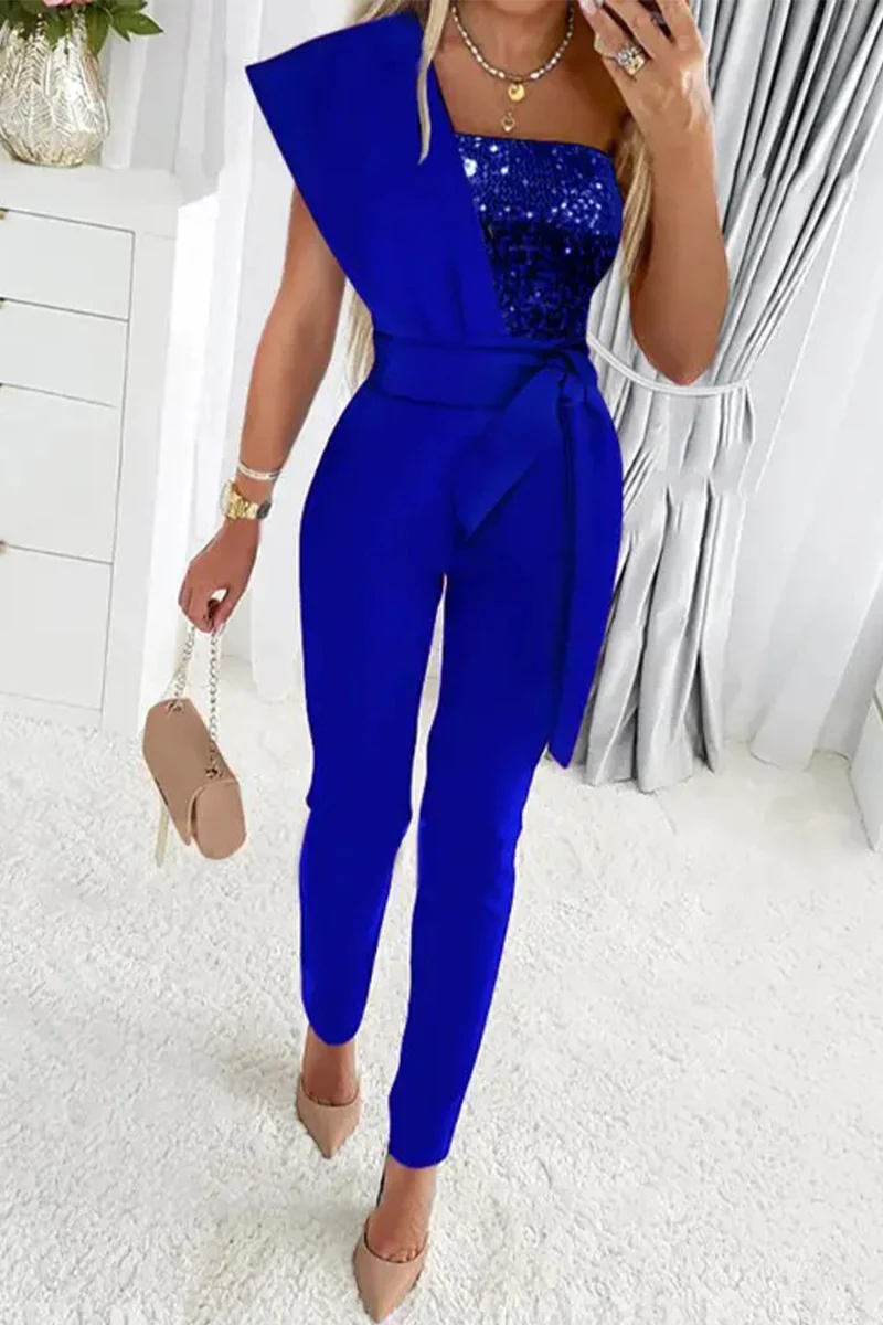 Sweet Elegant Patchwork Sequins Asymmetrical Collar Regular Jumpsuits(5 Colors) - Deanwangkt