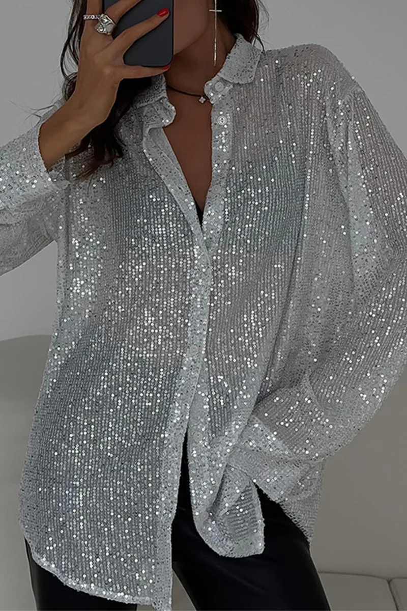 Sexy Solid See-through Sequined Turndown Collar Blouses - Deanwangkt