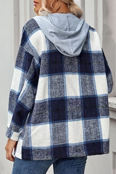 Casual Plaid Draw String Buckle Hooded Collar Outerwear(4 Colors) - Deanwangkt