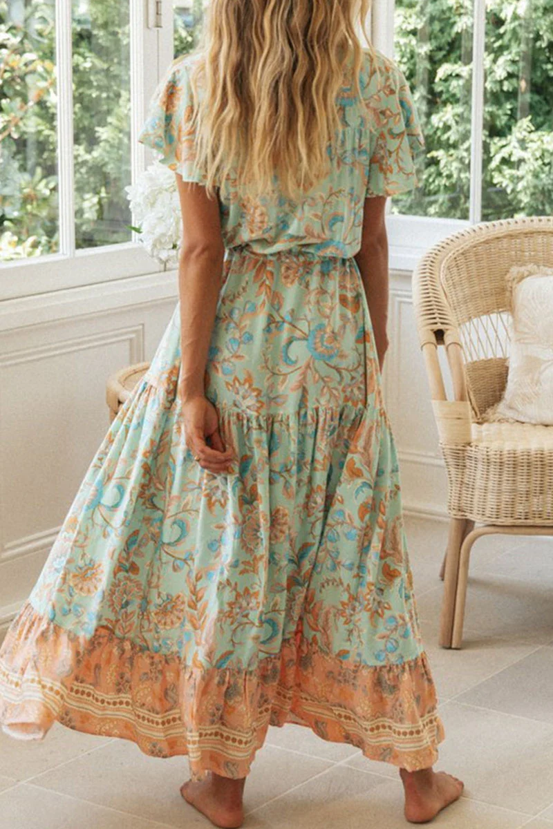 Fashion Vacation Print Patchwork V Neck Printed Dresses - Deanwangkt