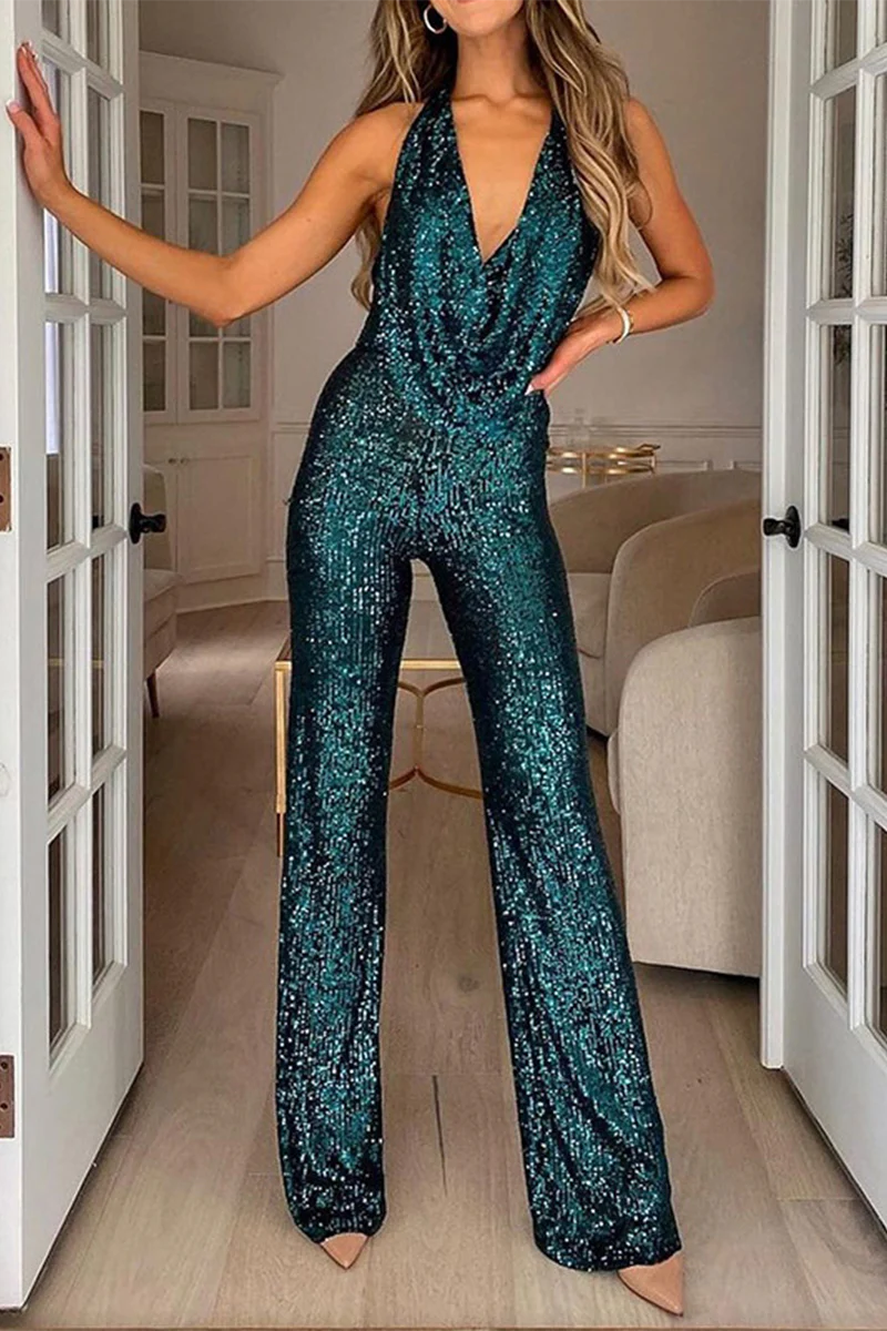 Daily Solid Sequins Halter Boot Cut Jumpsuits(5 Colors) - Deanwangkt