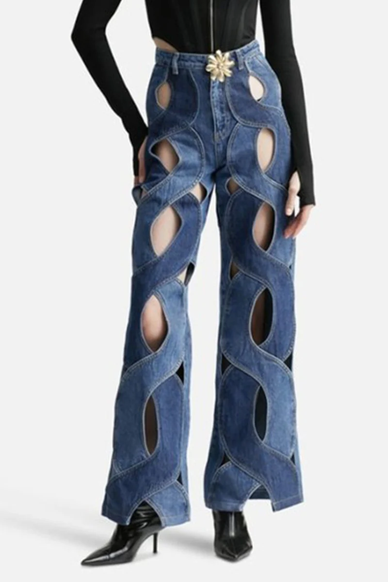 Street Solid Hollowed Out High Waist Straight Denim Jeans - Deanwangkt