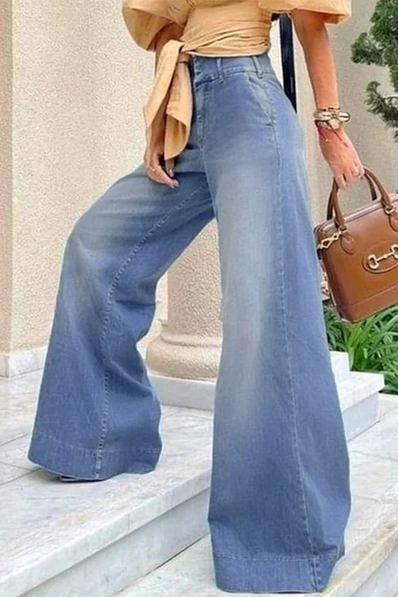 Street Simplicity Solid Patchwork High Waist Boot Cut Denim Jeans - Deanwangkt