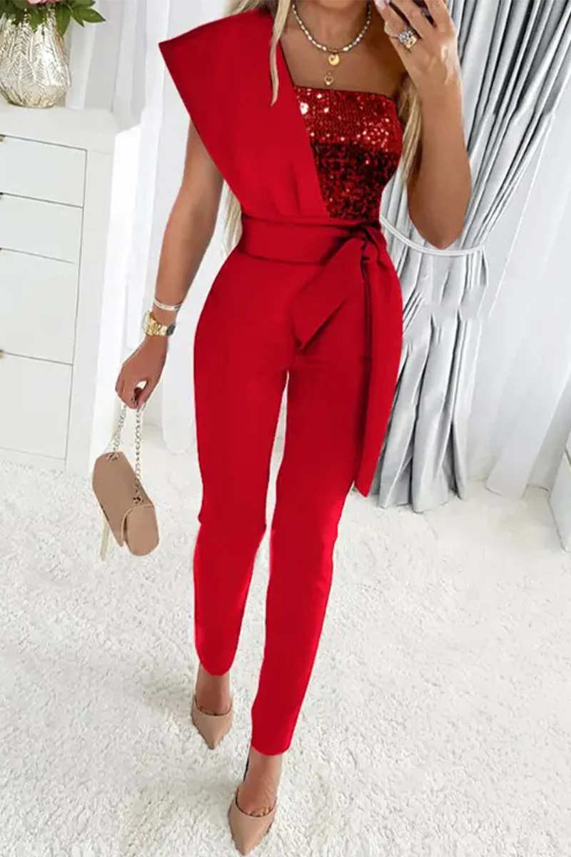 Sweet Elegant Patchwork Sequins Asymmetrical Collar Regular Jumpsuits(5 Colors) - Deanwangkt