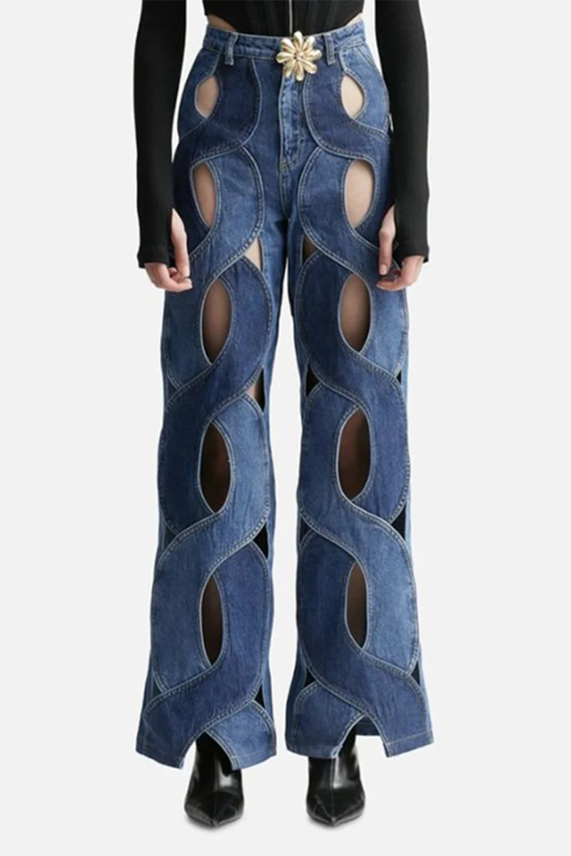 Street Solid Hollowed Out High Waist Straight Denim Jeans - Deanwangkt