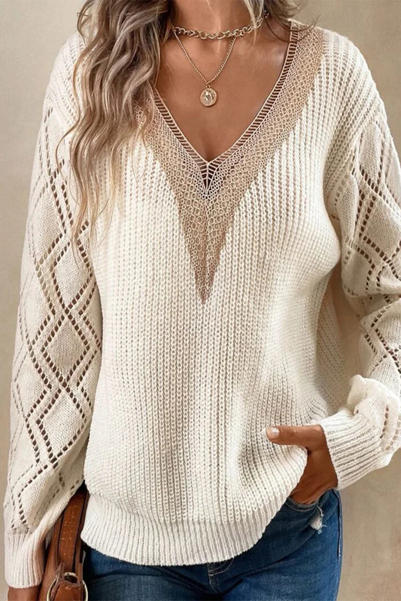 Casual Simplicity Solid Lace V Neck Sweaters - Deanwangkt